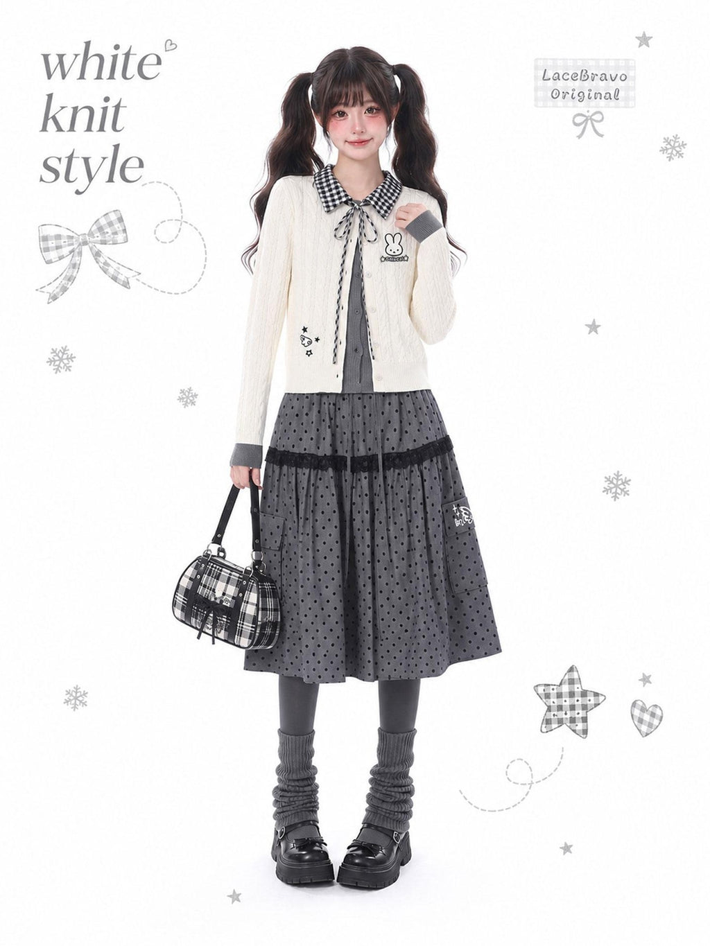 LaceBravo Plaid Embroidered Faux Two Piece Knit Women's Cardigans