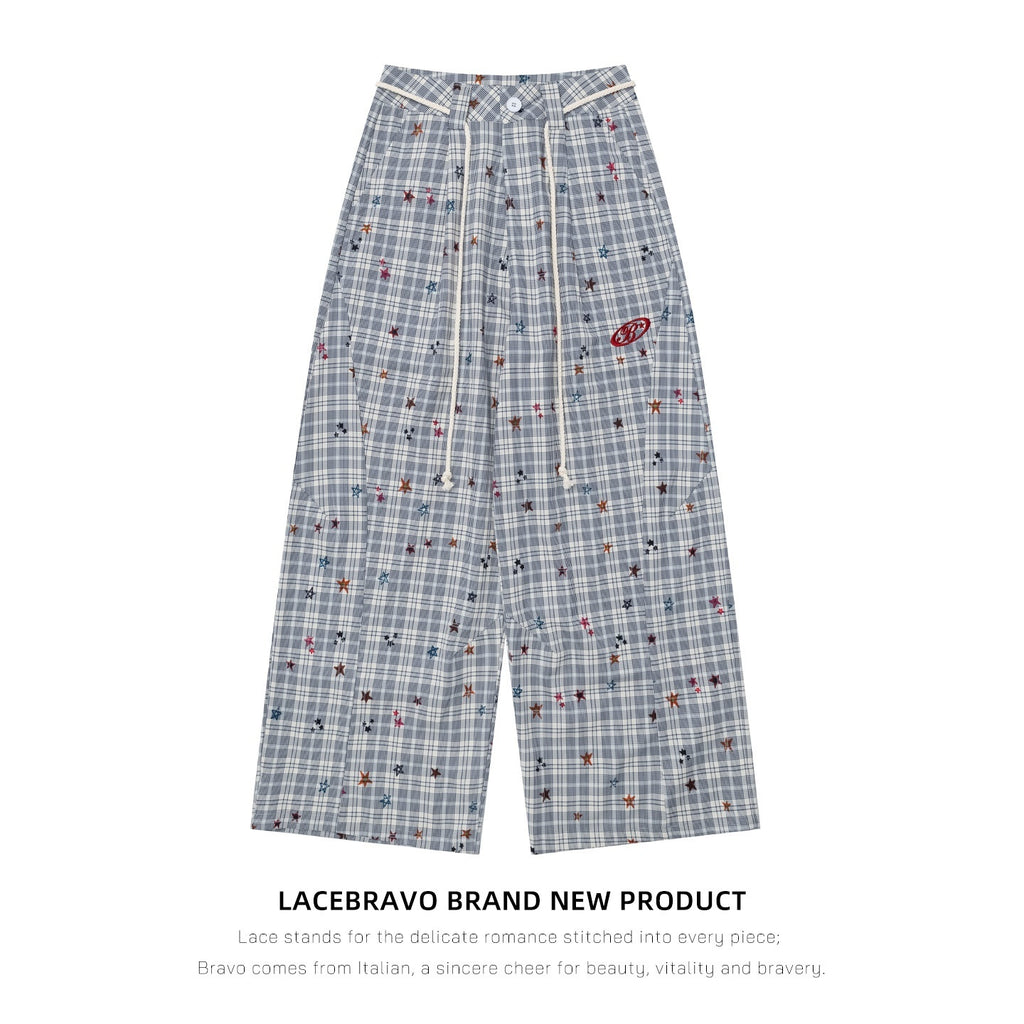 LaceBravo_Plaid_Star_Embroidered_Casual_Loose_Straight_Women's_Polyester_Sweatpants_1077985245962_MISSTT