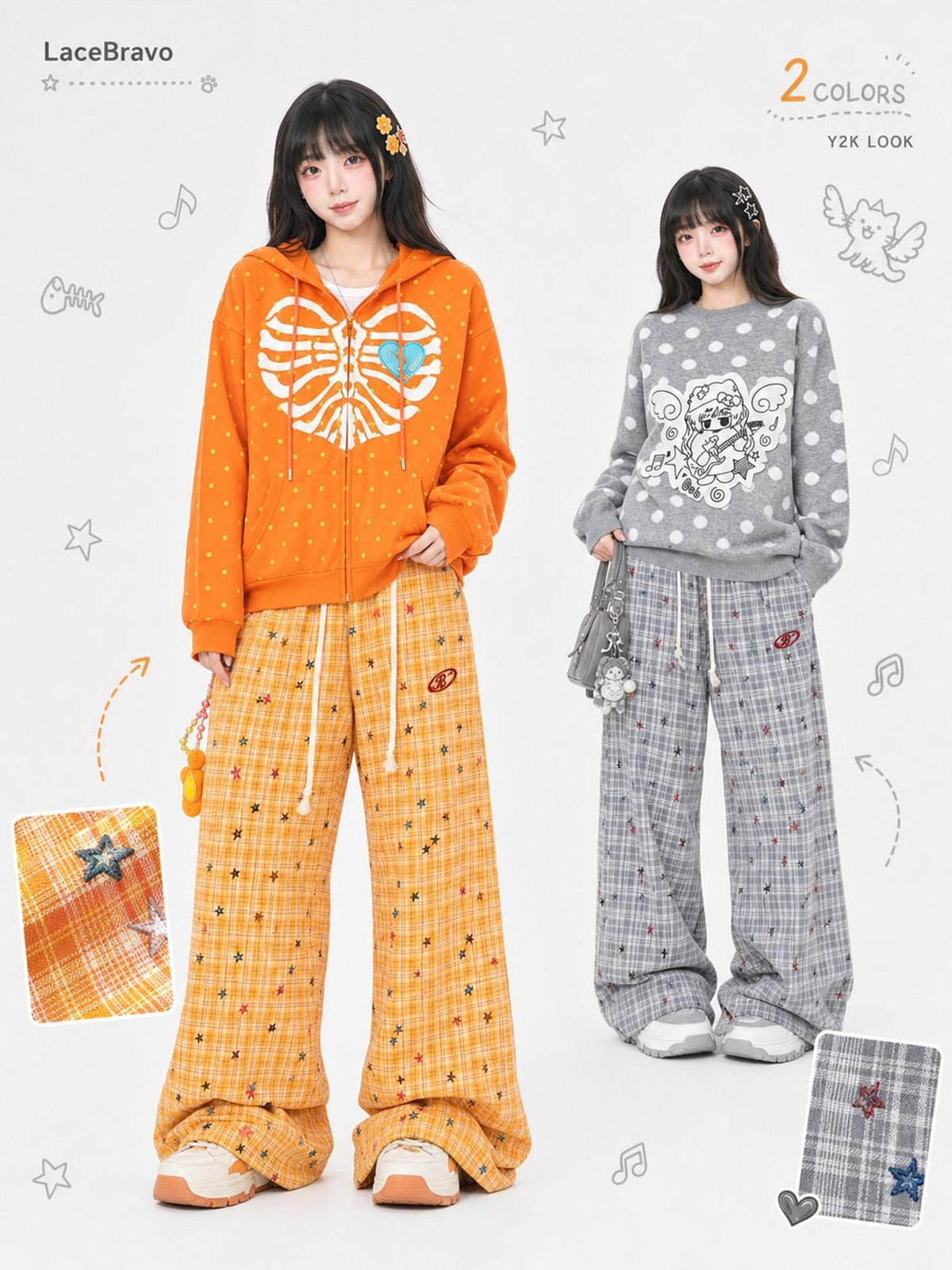 LaceBravo Plaid Star Embroidered Casual Loose Straight Women's Polyester Sweatpants