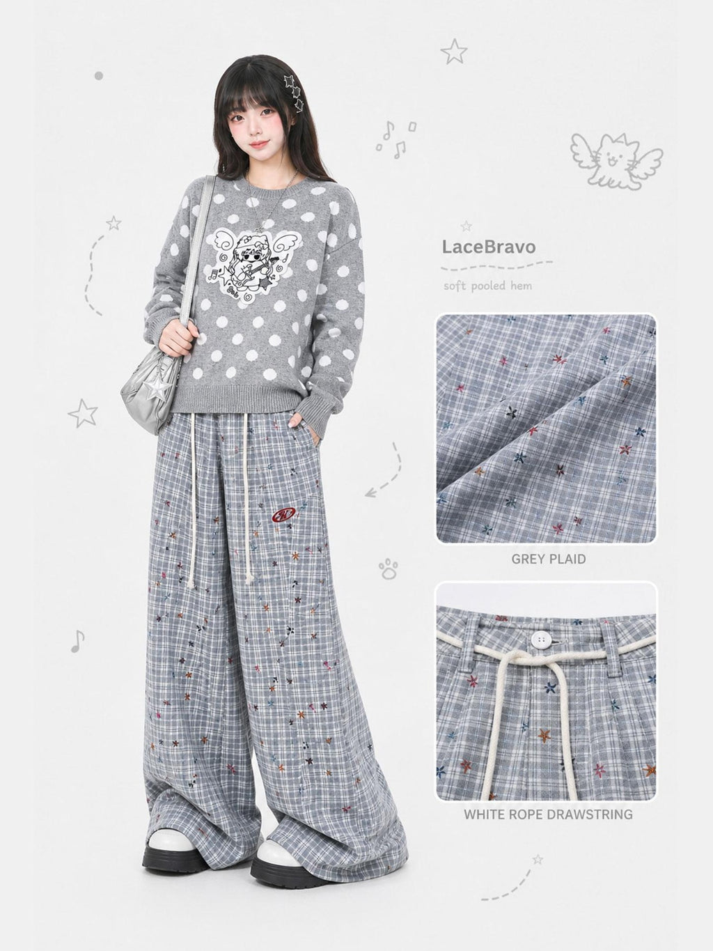 LaceBravo Plaid Star Embroidered Casual Loose Straight Women's Polyester Sweatpants