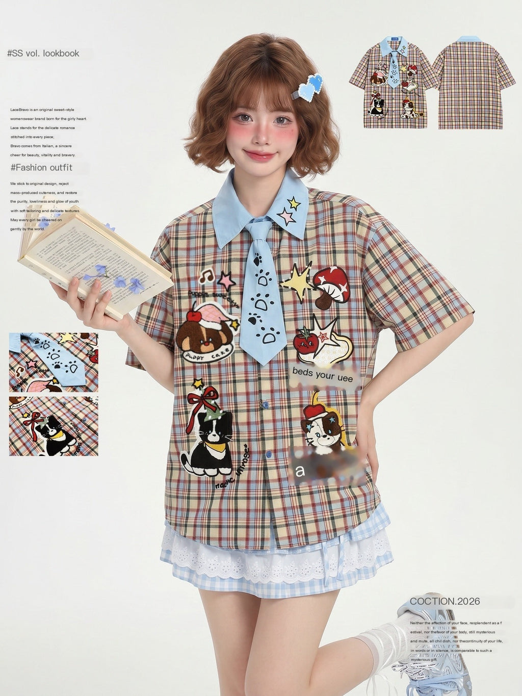 LaceBravo_Plaid_Star_Embroidered_Dog_Applique_Women's_Short_Sleeve_T-shirts_1054653517091_MISSTT