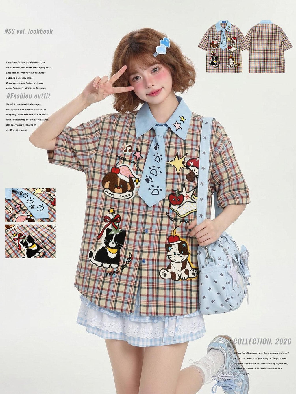LaceBravo Plaid Star Embroidered Dog Applique Women's Short Sleeve T-shirts