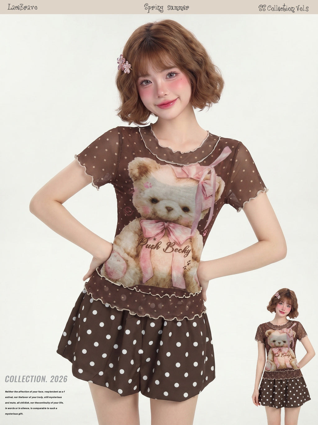 LaceBravo_Polka_Dot_Bear_Print_Ruffle_Edge_Round_Neck_Women's_Short_Sleeve_T-shirts_1059142041142_MISSTT