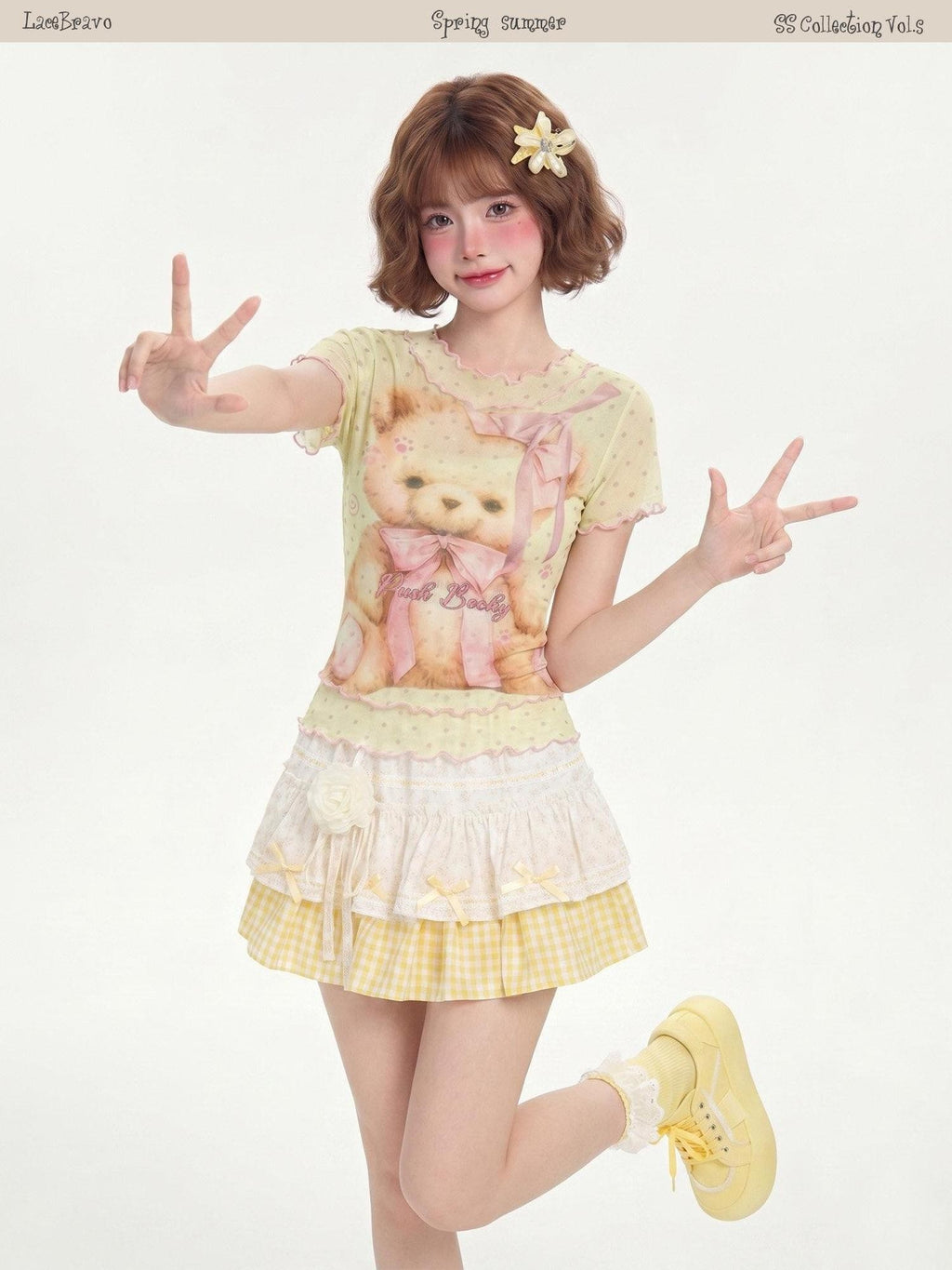 LaceBravo Polka Dot Bear Print Ruffle Edge Round Neck Women's Short Sleeve T-shirts