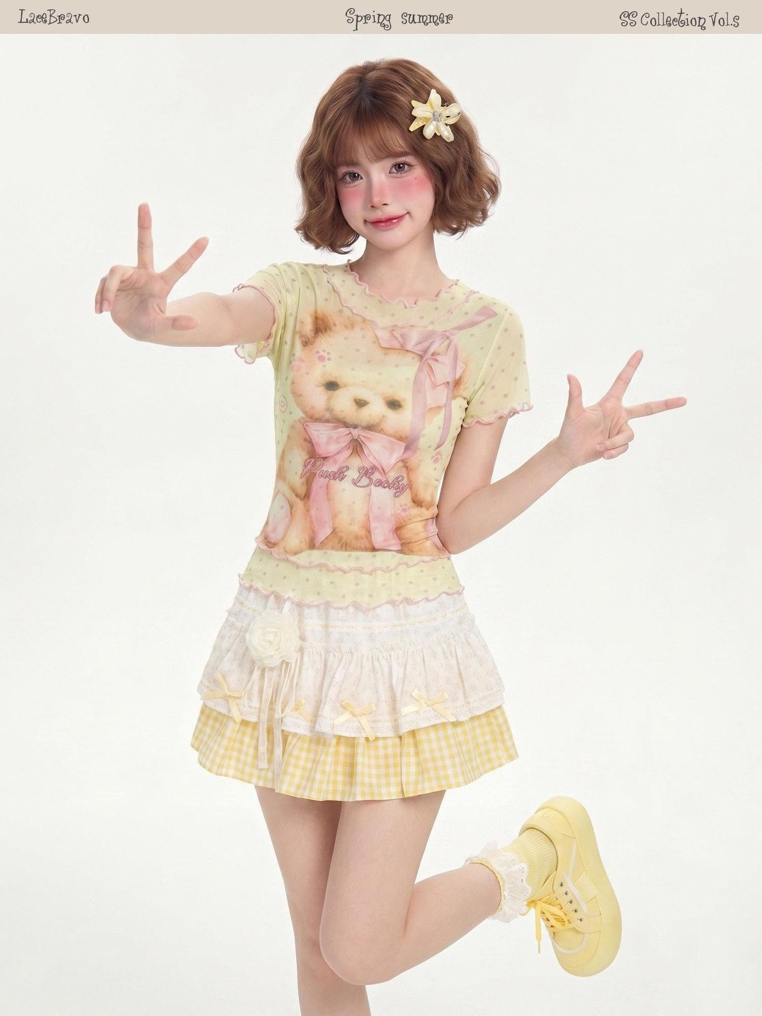 LaceBravo Polka Dot Bear Print Ruffle Edge Round Neck Women's Short Sleeve T-shirts
