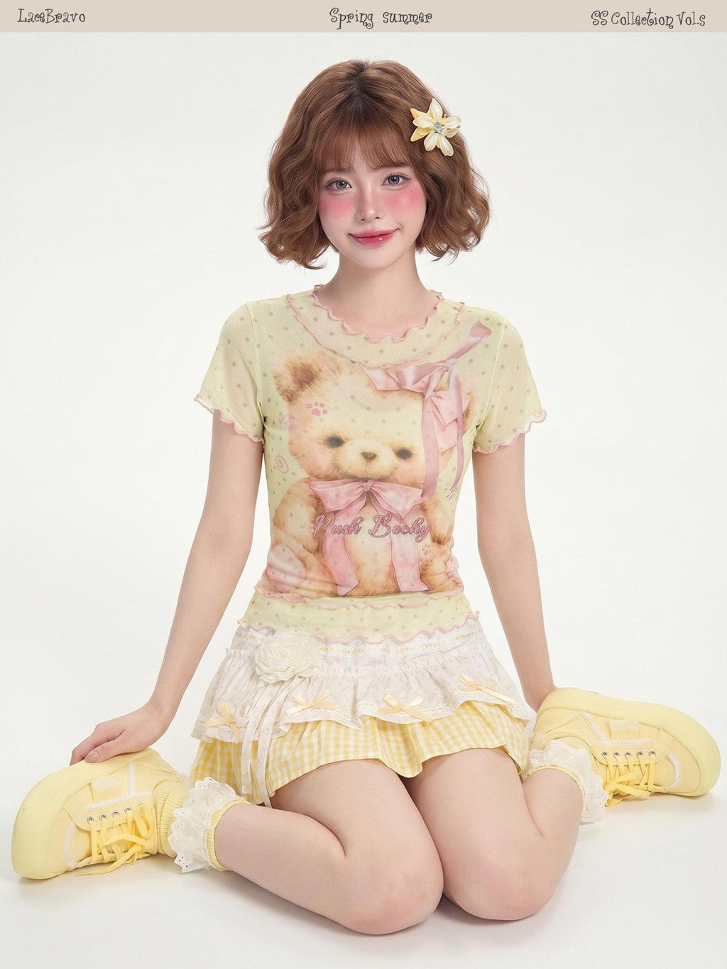 LaceBravo Polka Dot Bear Print Ruffle Edge Round Neck Women's Short Sleeve T-shirts