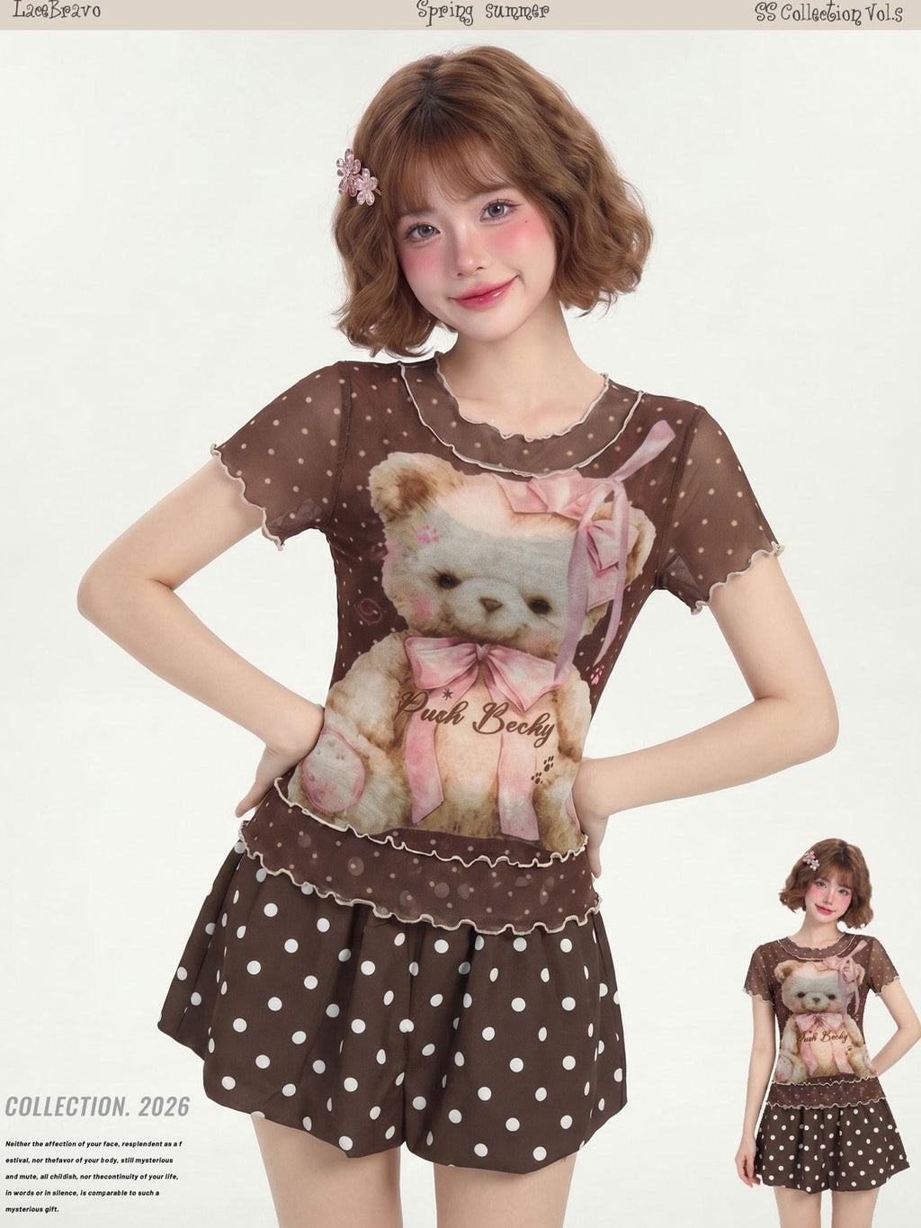 LaceBravo Polka Dot Bear Print Ruffle Edge Round Neck Women's Short Sleeve T-shirts