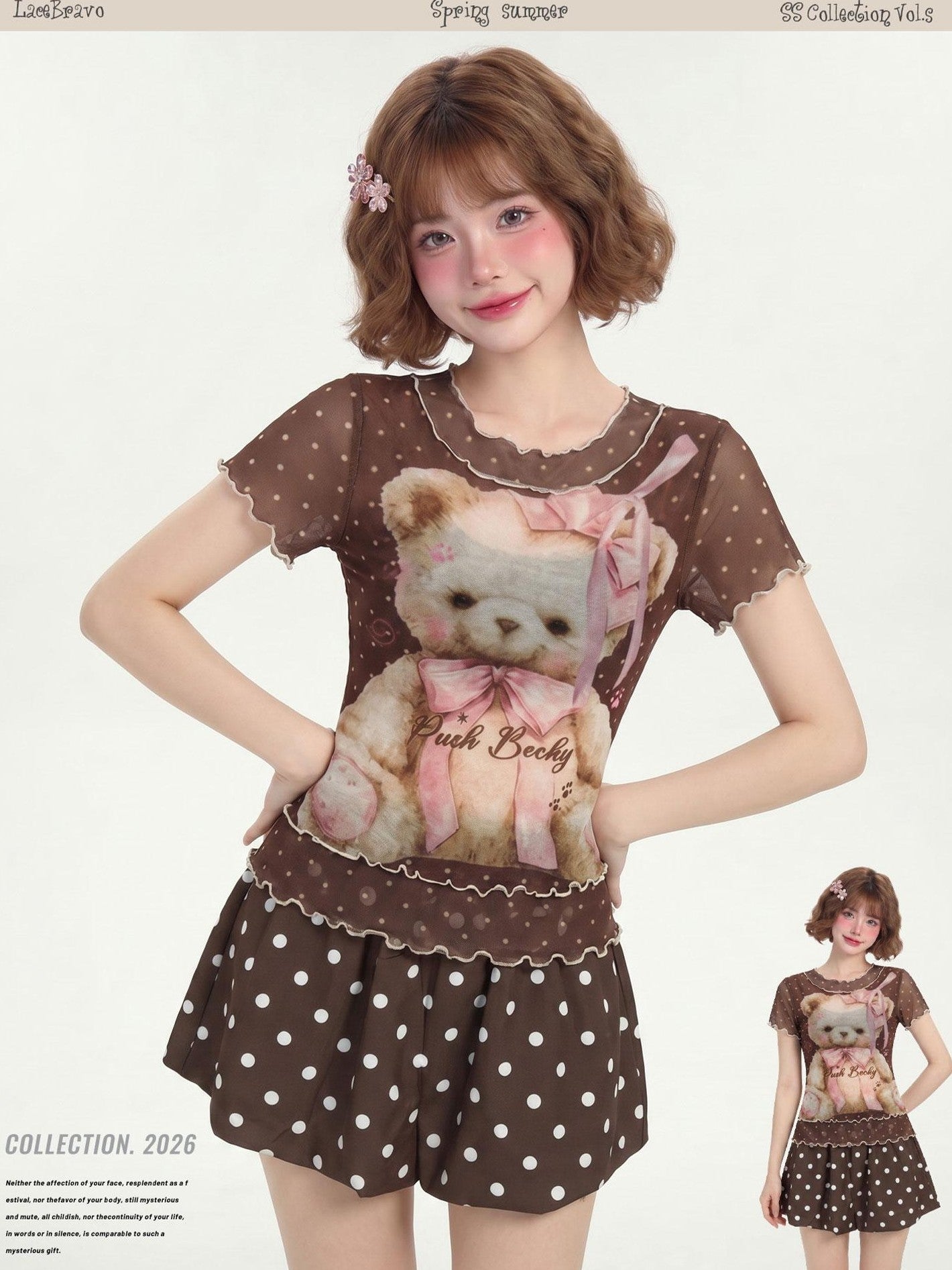 LaceBravo Polka Dot Bear Print Ruffle Edge Round Neck Women's Short Sleeve T-shirts
