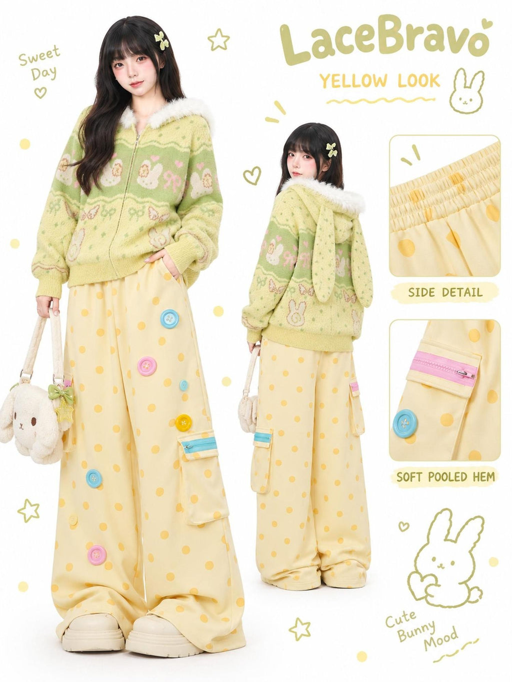 LaceBravo Polka Dot Button Applique High Waist Straight Leg Women's Cotton Sweatpants