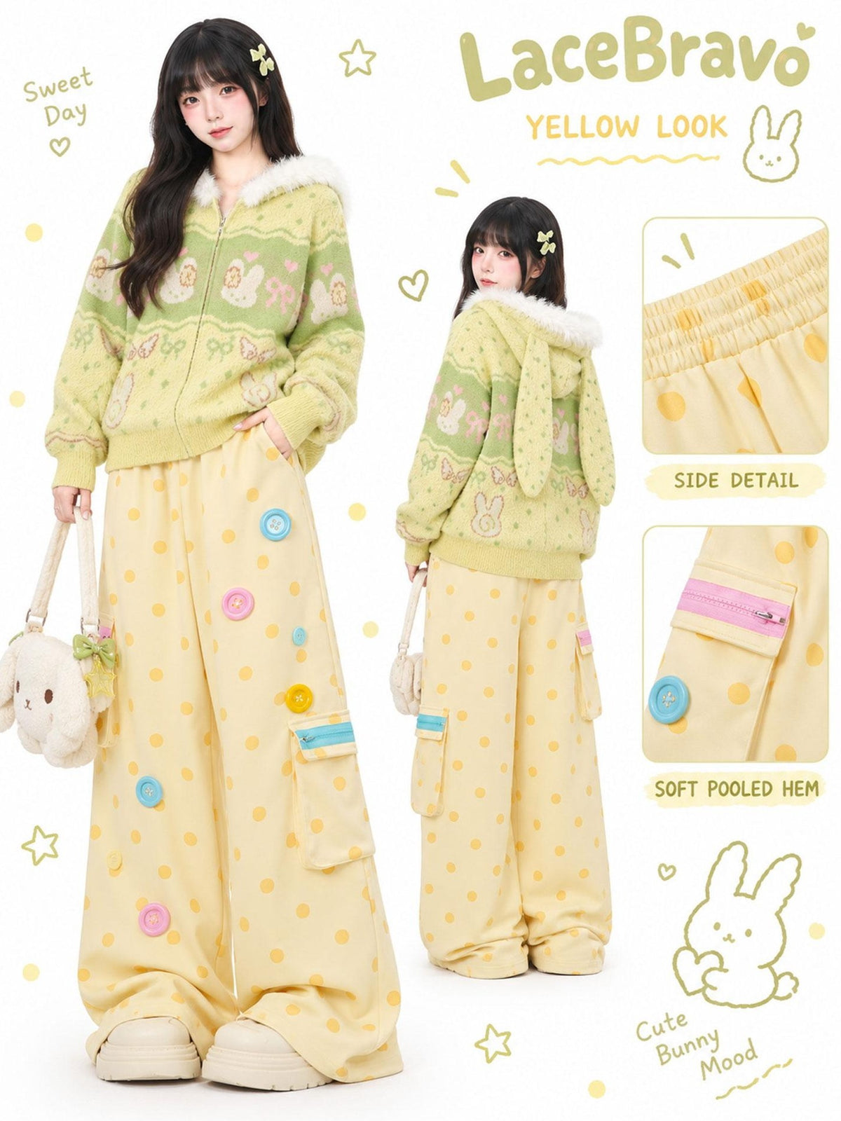 LaceBravo Polka Dot Button Applique High Waist Straight Leg Women's Cotton Sweatpants