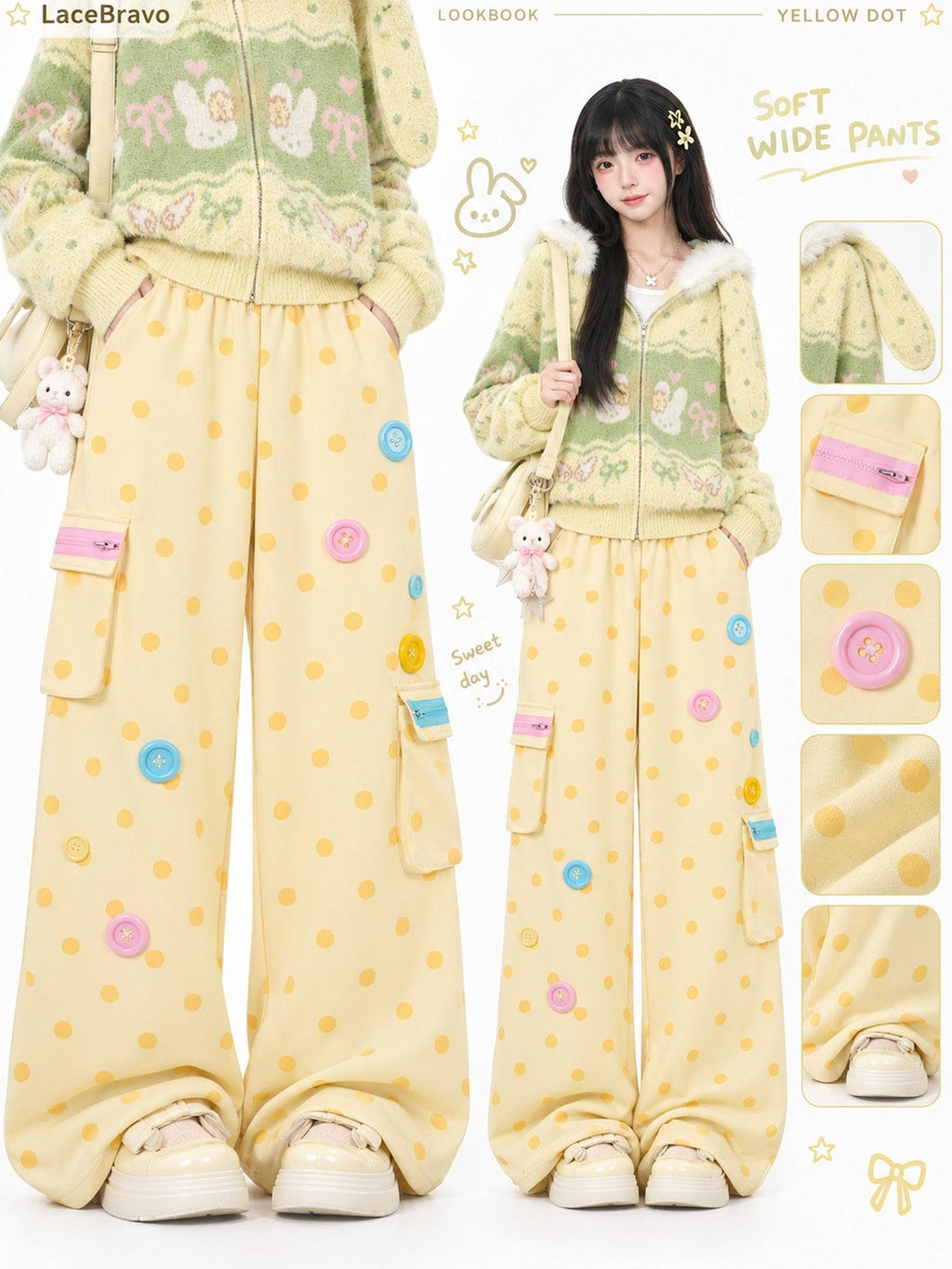 LaceBravo Polka Dot Button Applique High Waist Straight Leg Women's Cotton Sweatpants