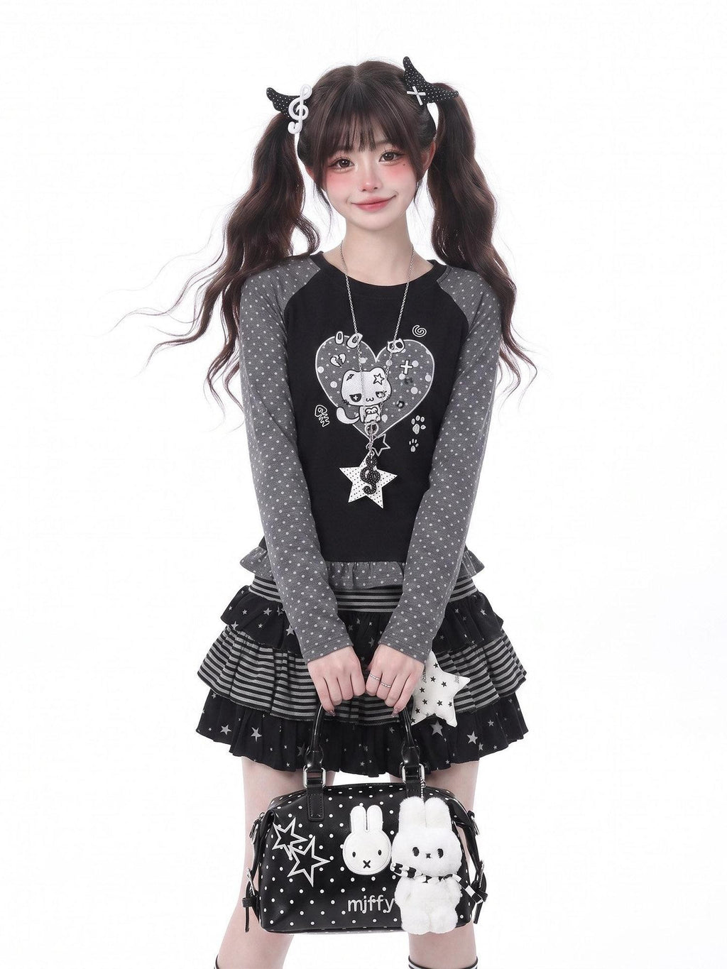 LaceBravo Polka Dot Heart Embroidered Slim Fit Women's Lace Long Sleeve T-shirts