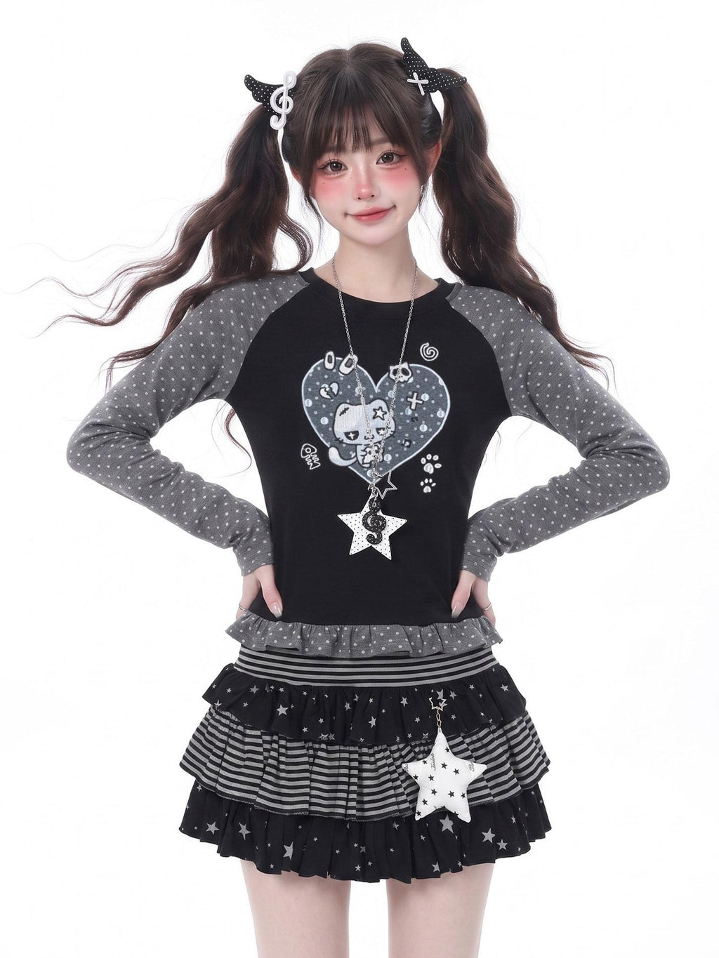 LaceBravo Polka Dot Heart Embroidered Slim Fit Women's Lace Long Sleeve T-shirts
