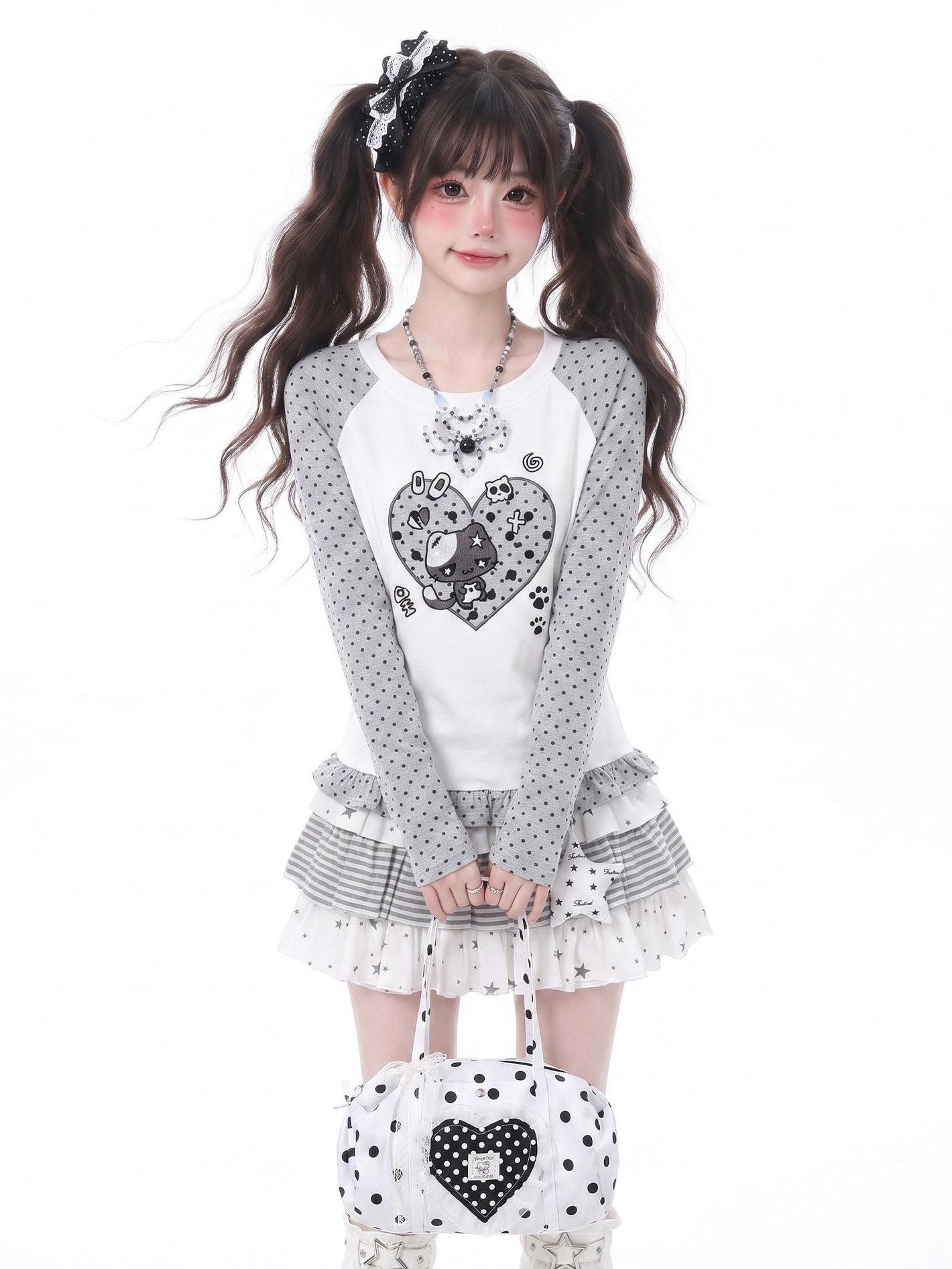 LaceBravo Polka Dot Heart Embroidered Slim Fit Women's Lace Long Sleeve T-shirts