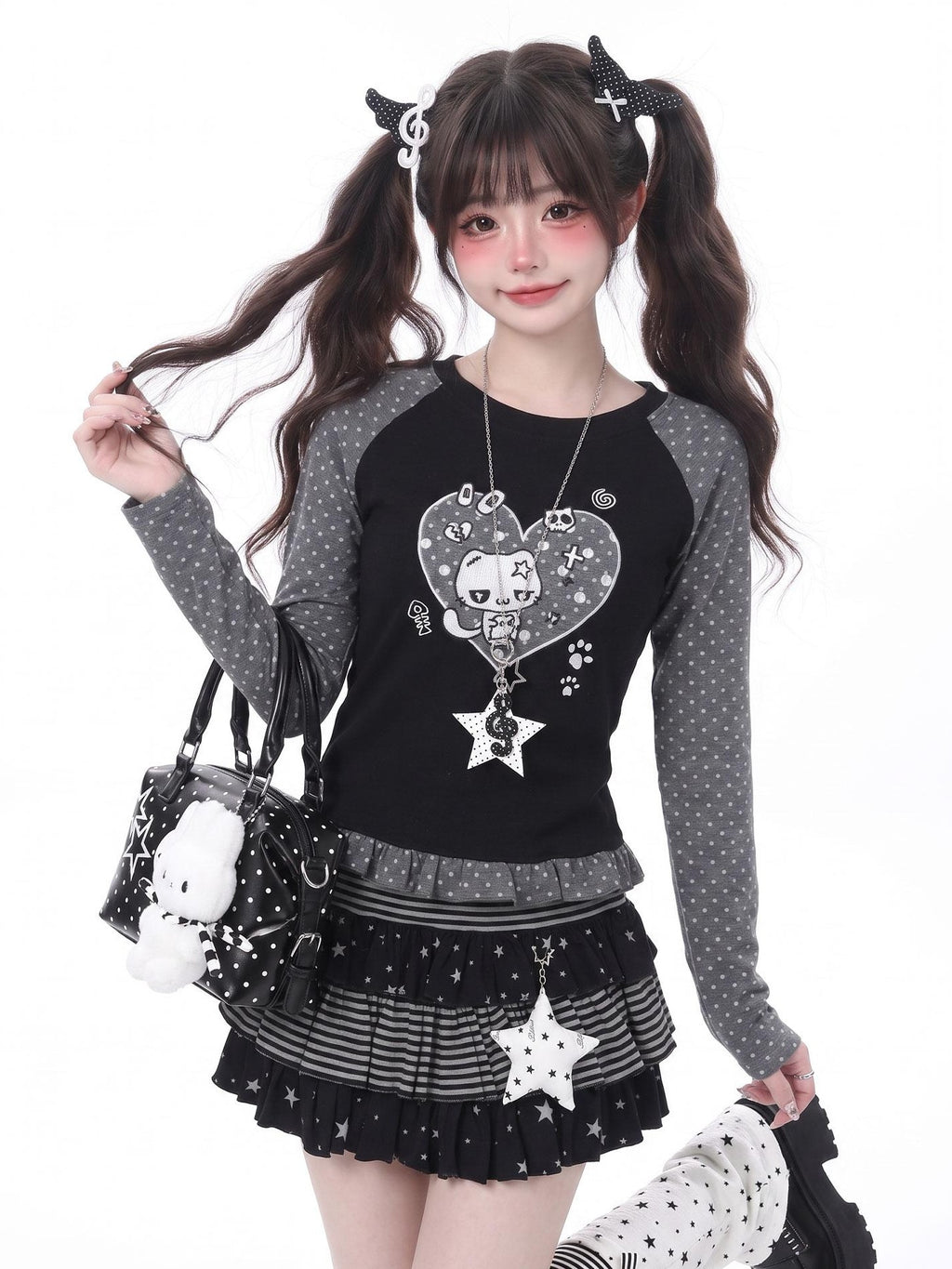 LaceBravo Polka Dot Heart Embroidered Slim Fit Women's Lace Long Sleeve T-shirts