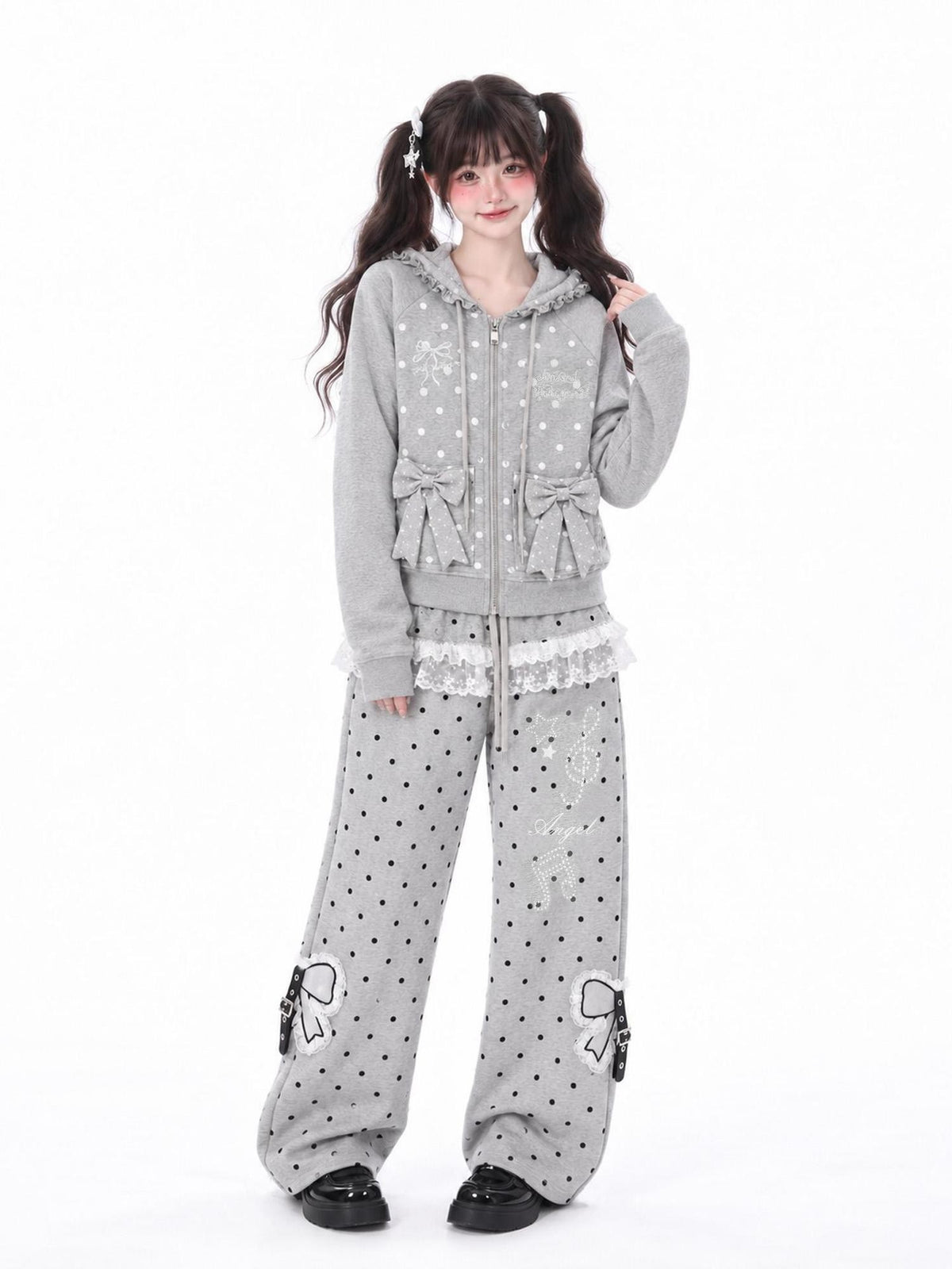 LaceBravo Polka Dot Lace Bow Loose Fit Cotton Women's Zip-up Hoodies