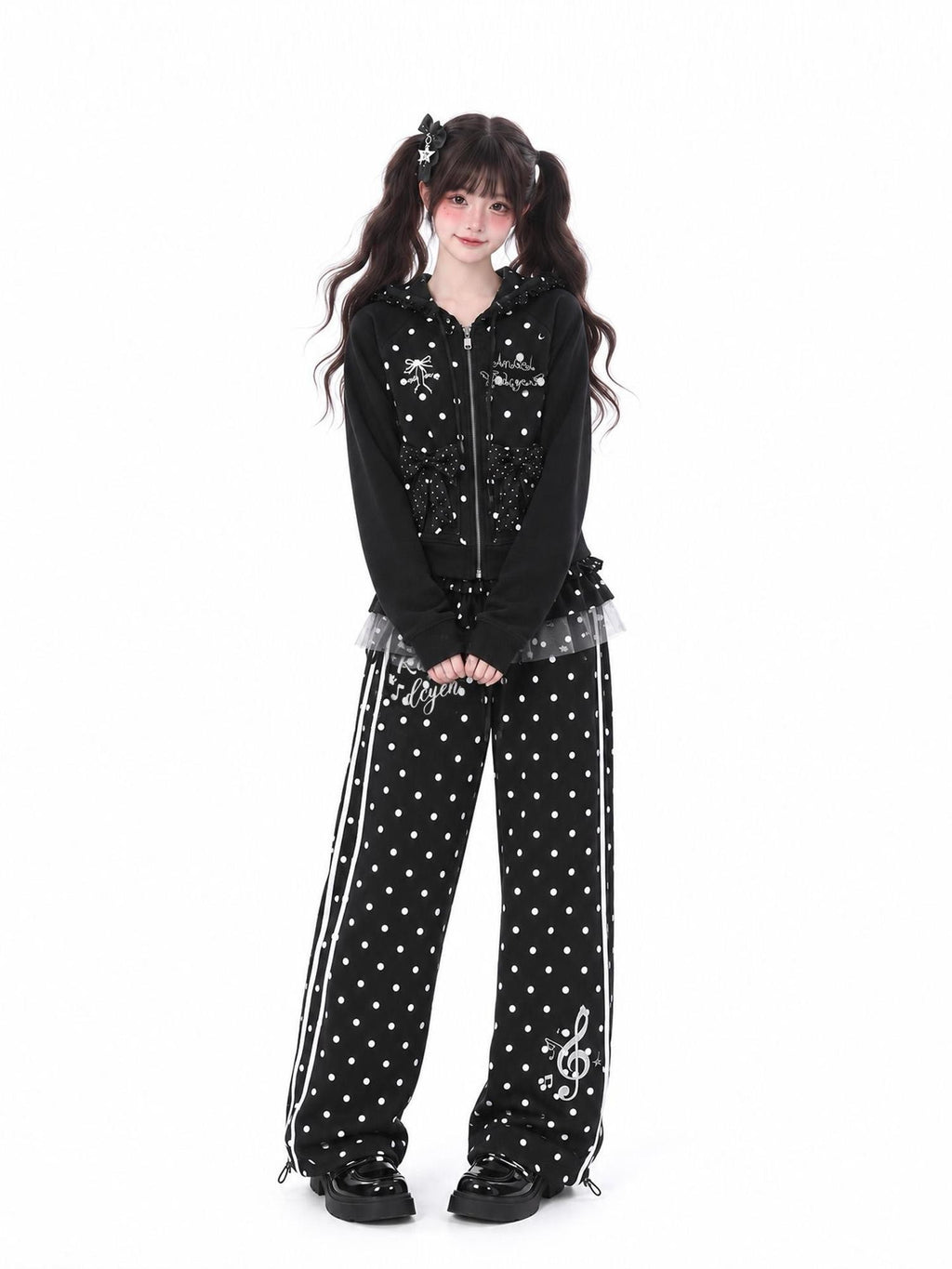 LaceBravo Polka Dot Lace Bow Loose Fit Cotton Women's Zip-up Hoodies