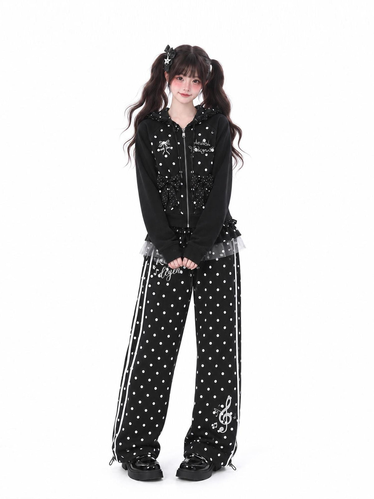 LaceBravo Polka Dot Lace Bow Loose Fit Cotton Women's Zip-up Hoodies