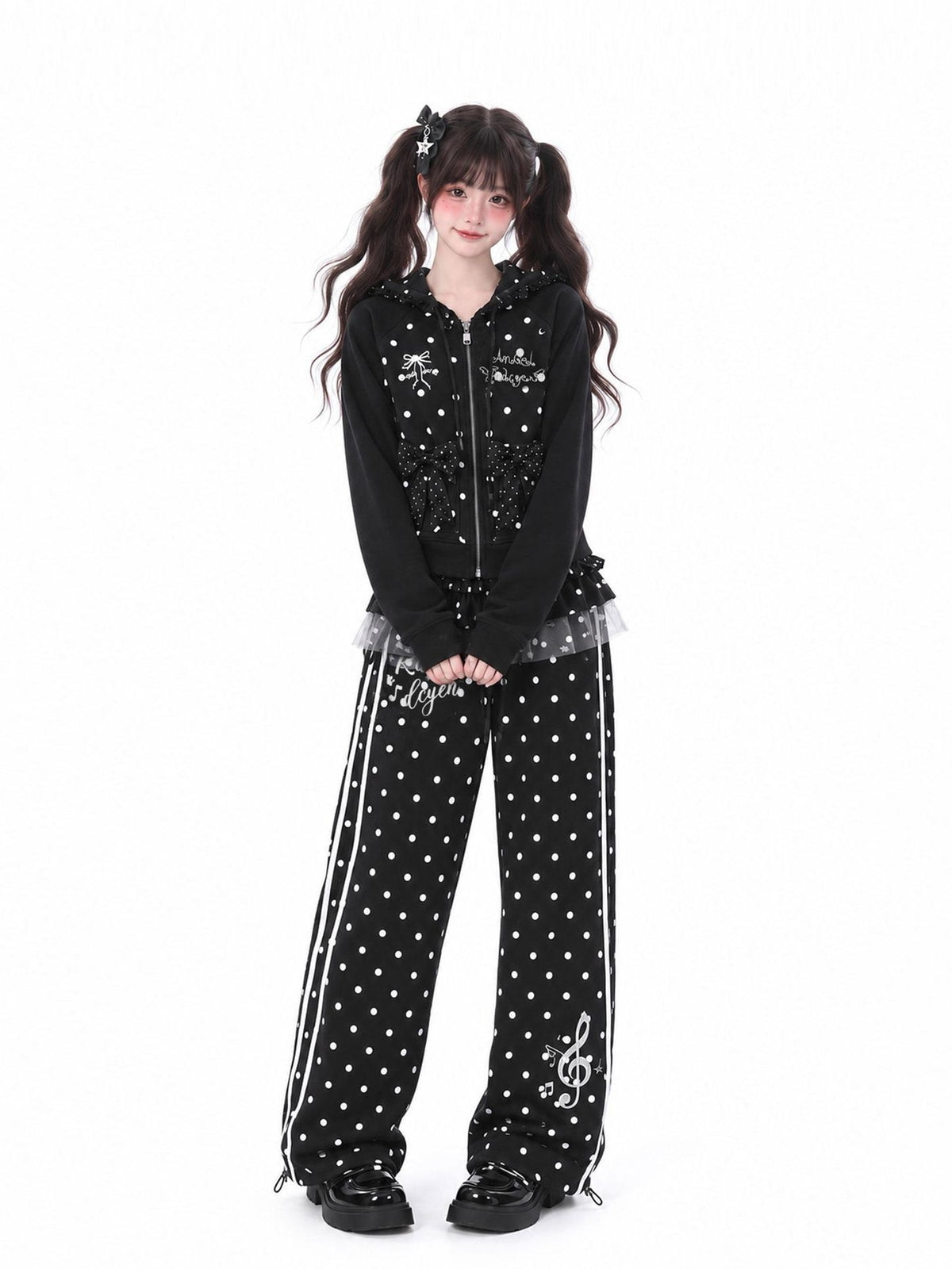 LaceBravo Polka Dot Lace Bow Loose Fit Cotton Women's Zip-up Hoodies