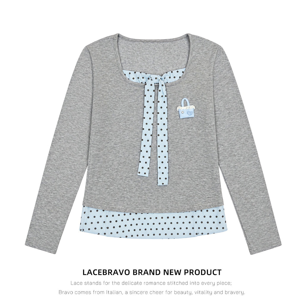 LaceBravo_Polka_Dot_Lace_Up_Layered_Look_Women's_Cotton_Long_Sleeve_T-shirts_1088115862207_MISSTT