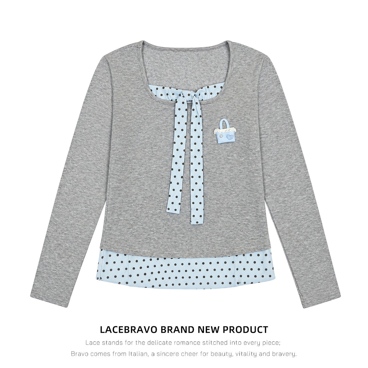 LaceBravo_Polka_Dot_Lace_Up_Layered_Look_Women's_Cotton_Long_Sleeve_T-shirts_1088115862207_MISSTT