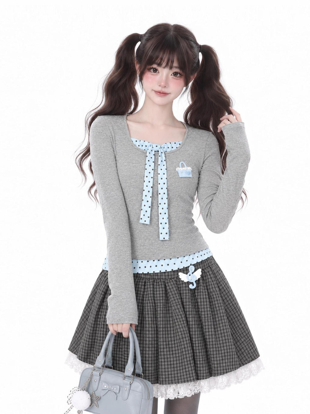 LaceBravo Polka Dot Lace Up Layered Look Women's Cotton Long Sleeve T-shirts