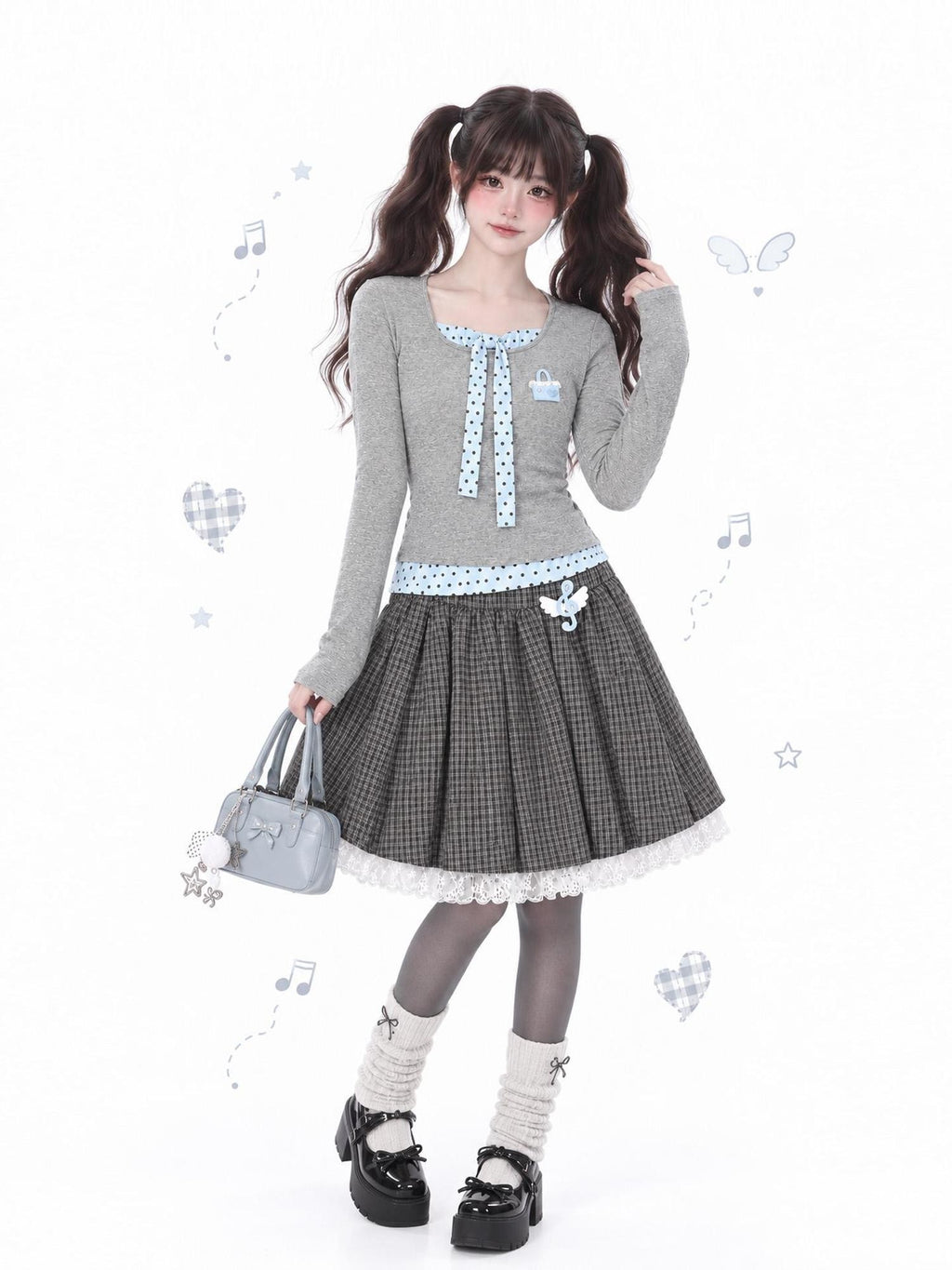 LaceBravo Polka Dot Lace Up Layered Look Women's Cotton Long Sleeve T-shirts