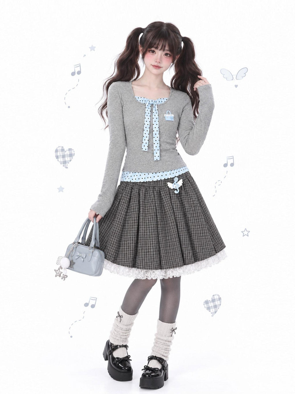 LaceBravo Polka Dot Lace Up Layered Look Women's Cotton Long Sleeve T-shirts