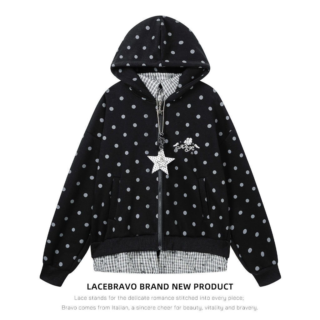LaceBravo_Polka_Dot_Star_Faux_Two_Piece_Plaid_Loose_Fit_Women's_Cotton_Zip-up_Hoodies_1080890110137_MISSTT