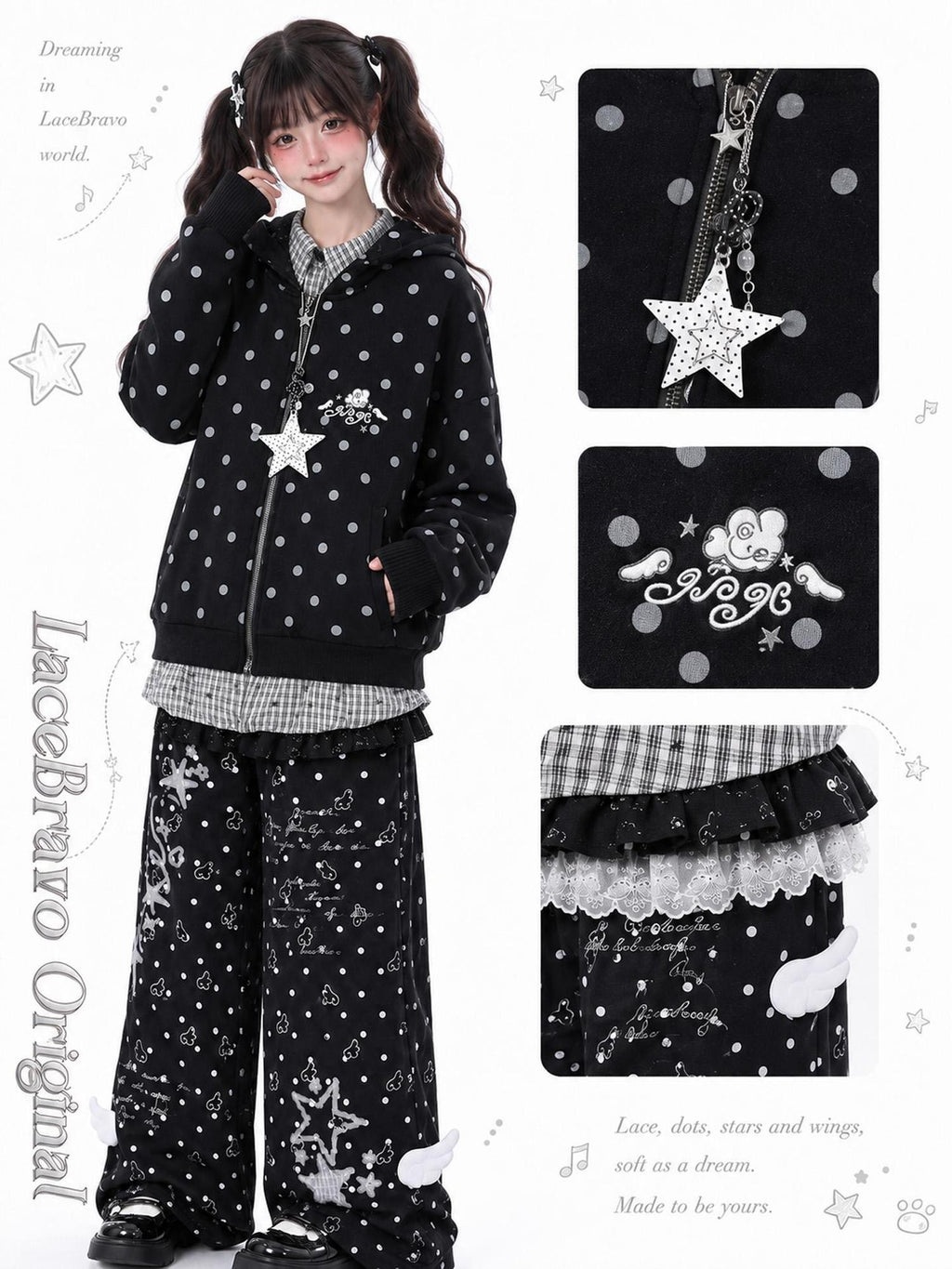 LaceBravo Polka Dot Star Faux Two Piece Plaid Loose Fit Women's Cotton Zip-up Hoodies