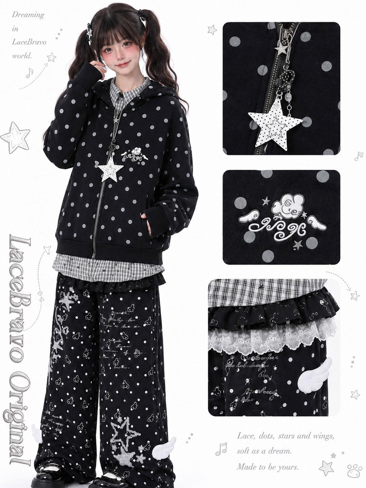LaceBravo Polka Dot Star Faux Two Piece Plaid Loose Fit Women's Cotton Zip-up Hoodies