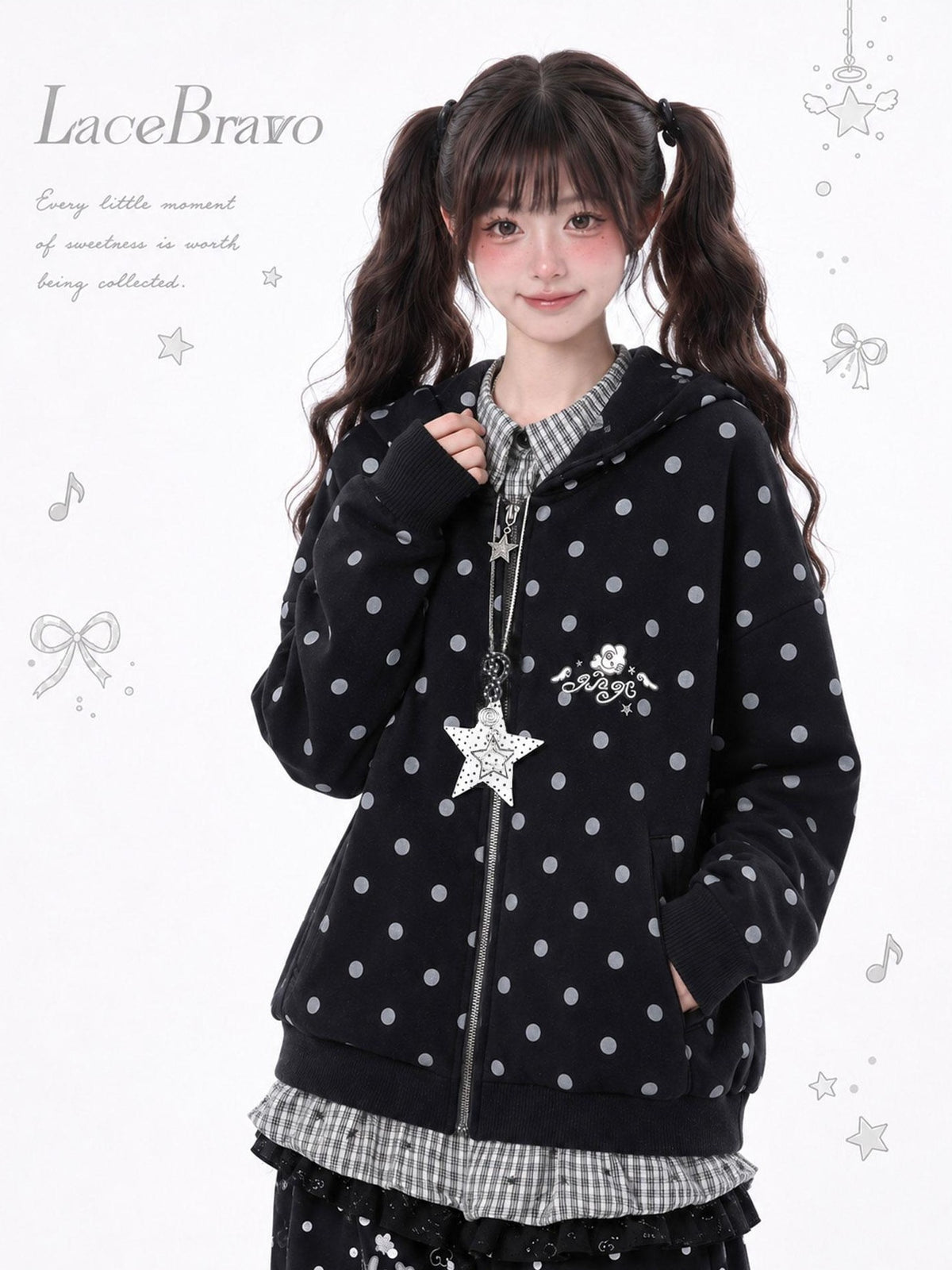 LaceBravo Polka Dot Star Faux Two Piece Plaid Loose Fit Women's Cotton Zip-up Hoodies