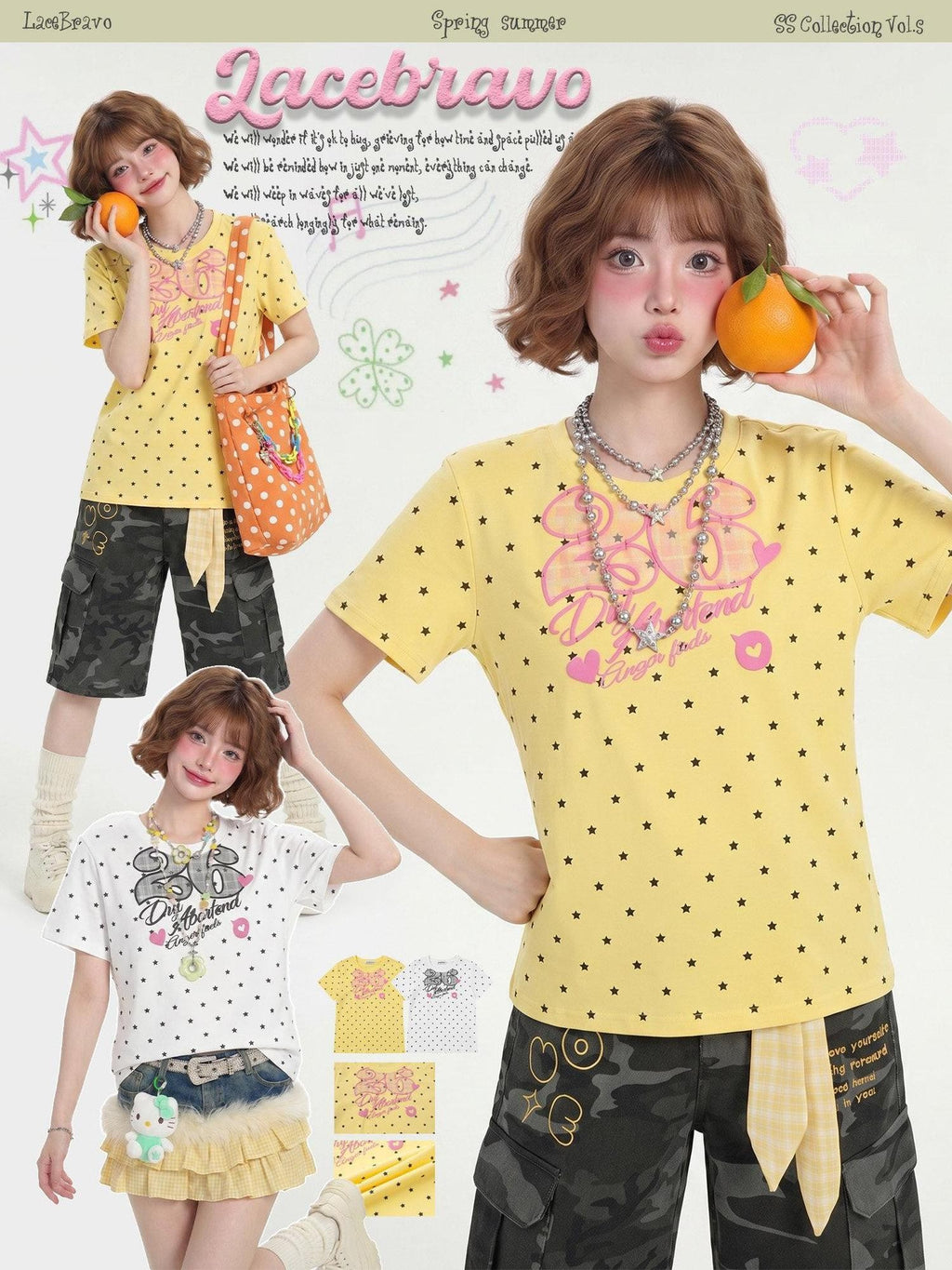LaceBravo Retro Star Print Collegiate Crew Neck Slim Fit Women's Short Sleeve T-shirts