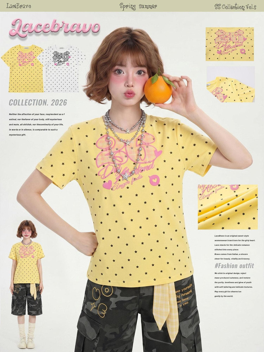 LaceBravo Retro Star Print Collegiate Crew Neck Slim Fit Women's Short Sleeve T-shirts
