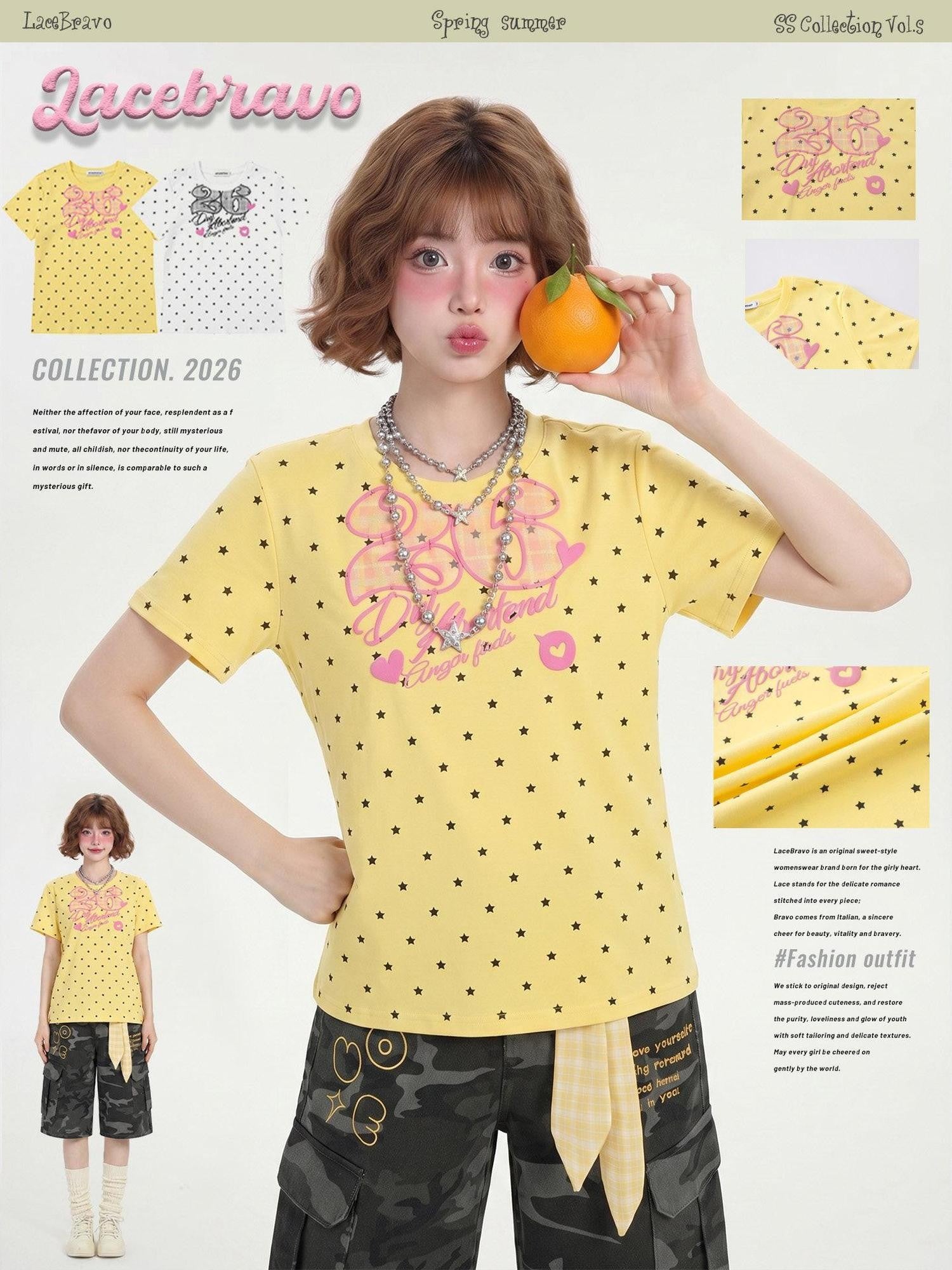 LaceBravo Retro Star Print Collegiate Crew Neck Slim Fit Women's Short Sleeve T-shirts