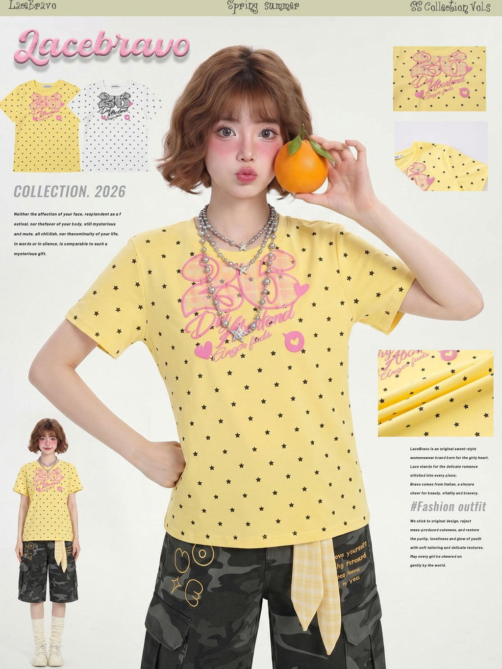 LaceBravo Retro Star Print Collegiate Crew Neck Slim Fit Women's Short Sleeve T-shirts