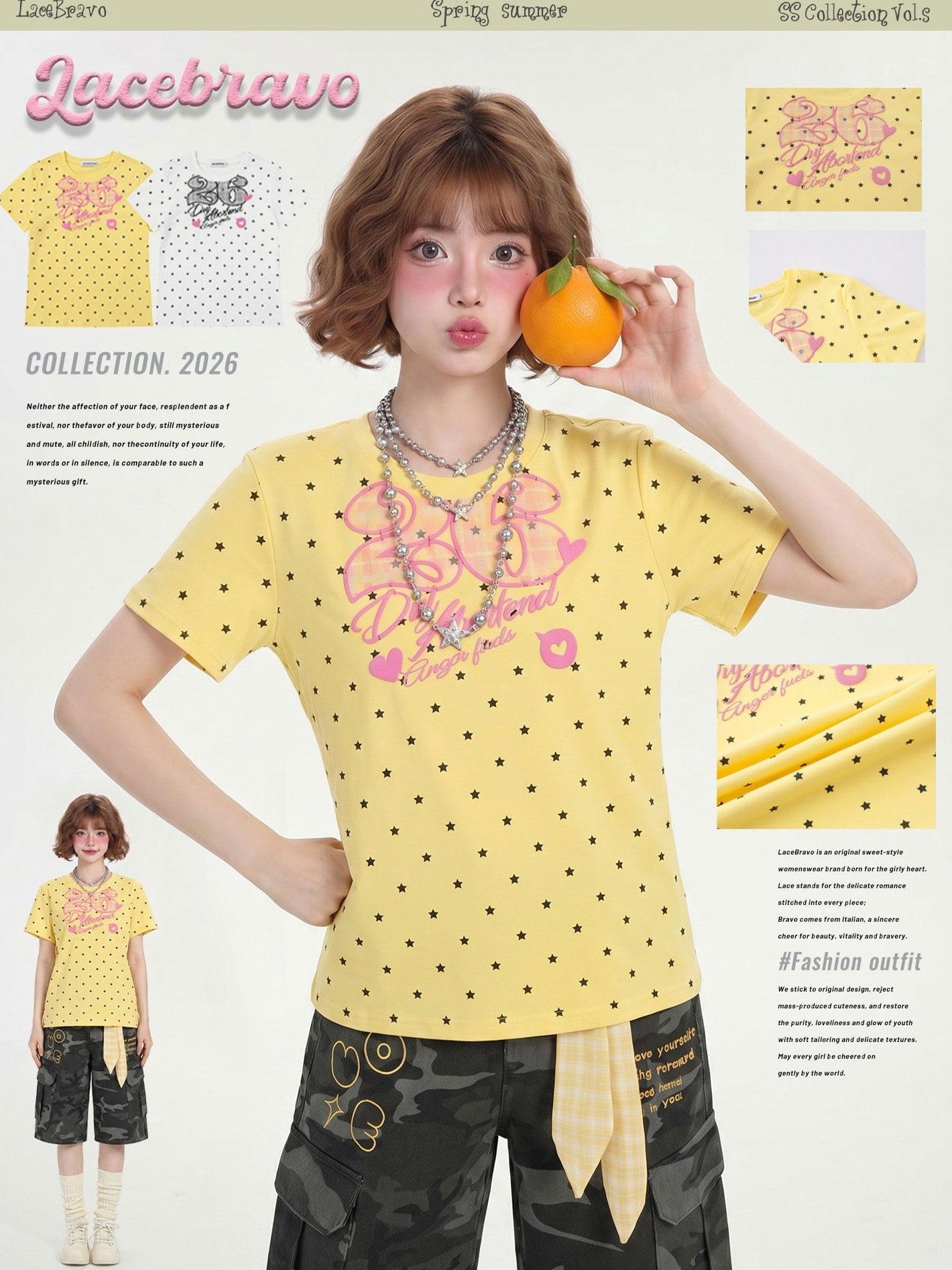 LaceBravo Retro Star Print Collegiate Crew Neck Slim Fit Women's Short Sleeve T-shirts