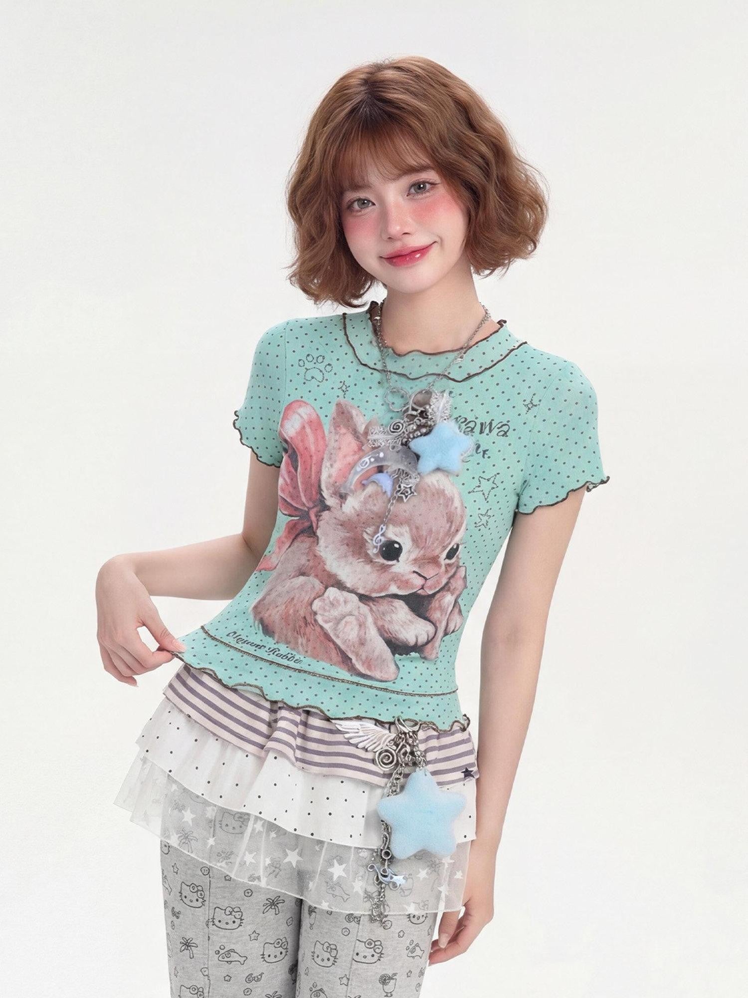 LaceBravo Ruffle Trim Rabbit Polka Dot Crew Neck Cropped Women's Short Sleeve T-shirts