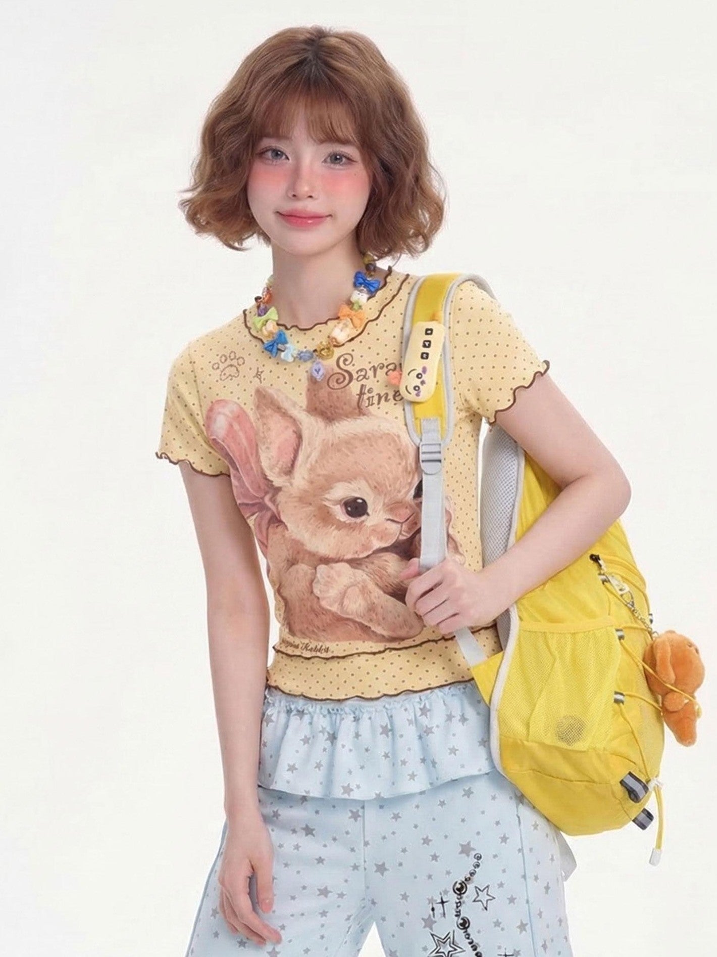 LaceBravo Ruffle Trim Rabbit Polka Dot Crew Neck Cropped Women's Short Sleeve T-shirts