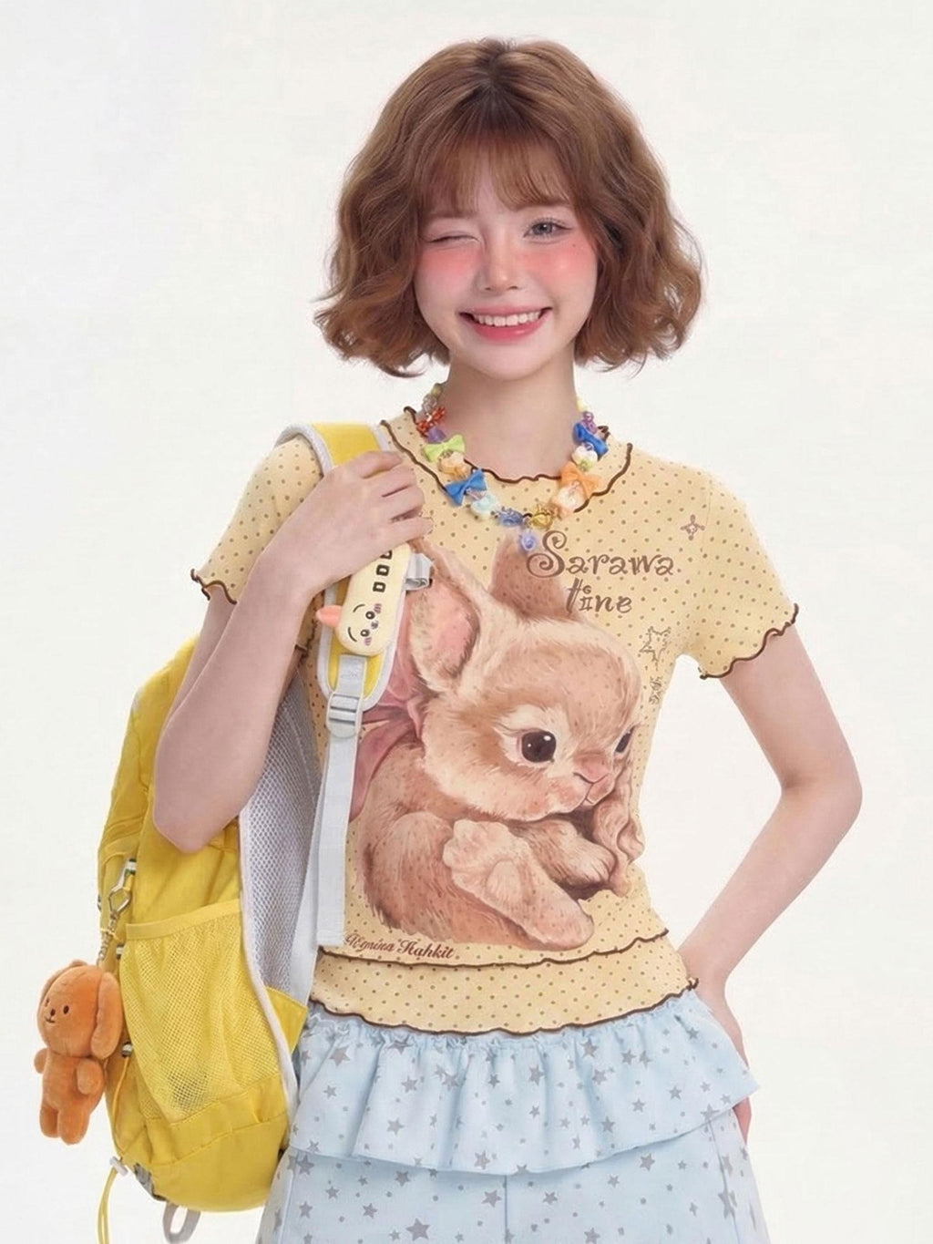 LaceBravo Ruffle Trim Rabbit Polka Dot Crew Neck Cropped Women's Short Sleeve T-shirts