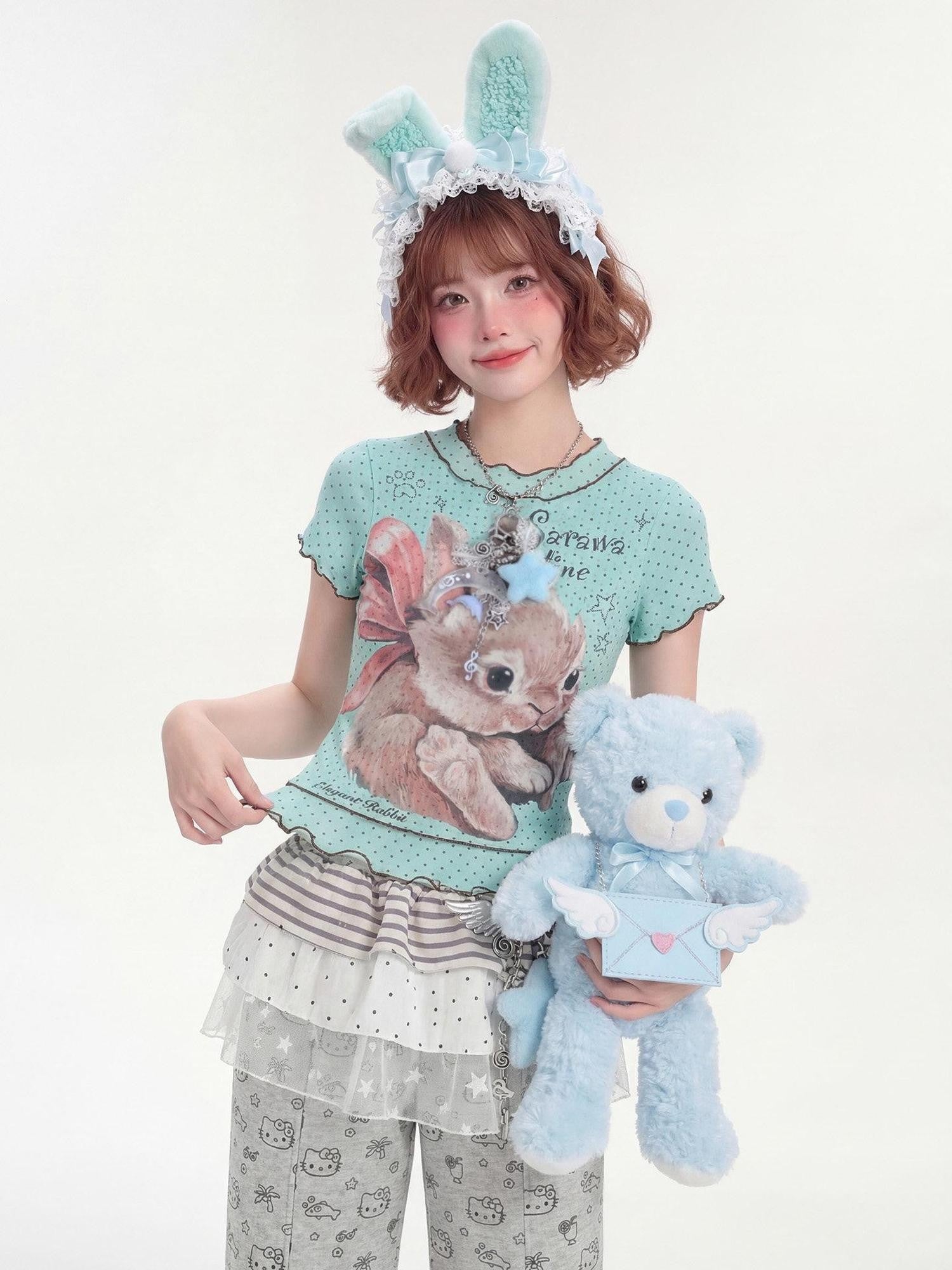 LaceBravo Ruffle Trim Rabbit Polka Dot Crew Neck Cropped Women's Short Sleeve T-shirts