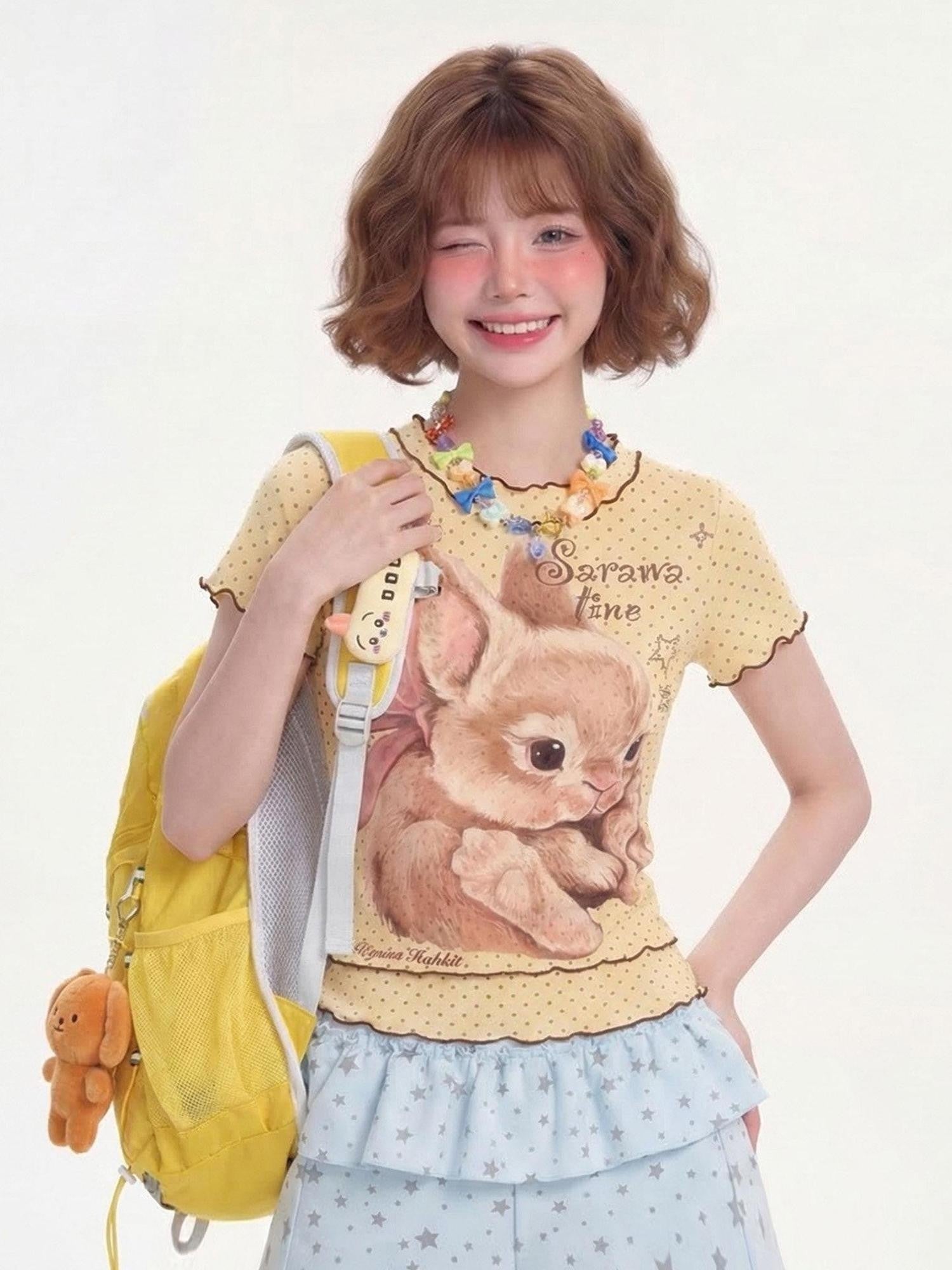 LaceBravo Ruffle Trim Rabbit Polka Dot Crew Neck Cropped Women's Short Sleeve T-shirts