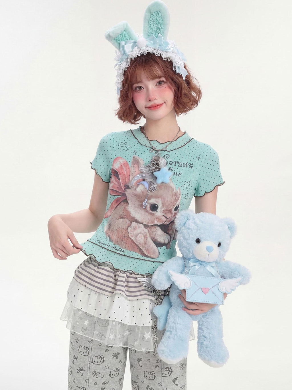 LaceBravo Ruffle Trim Rabbit Polka Dot Crew Neck Cropped Women's Short Sleeve T-shirts