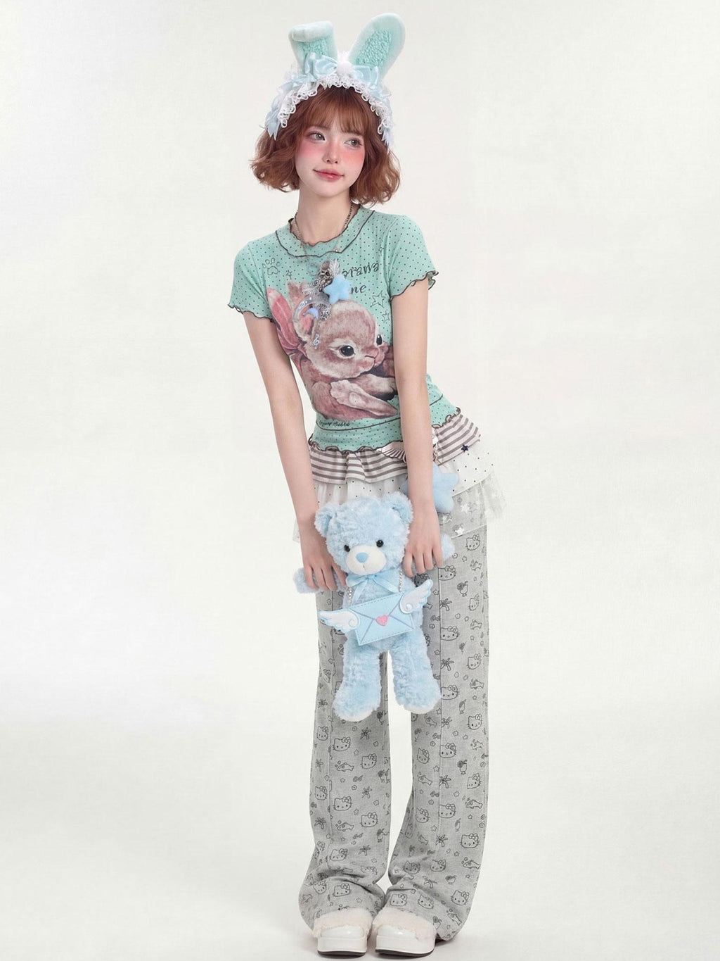 LaceBravo Ruffle Trim Rabbit Polka Dot Crew Neck Cropped Women's Short Sleeve T-shirts