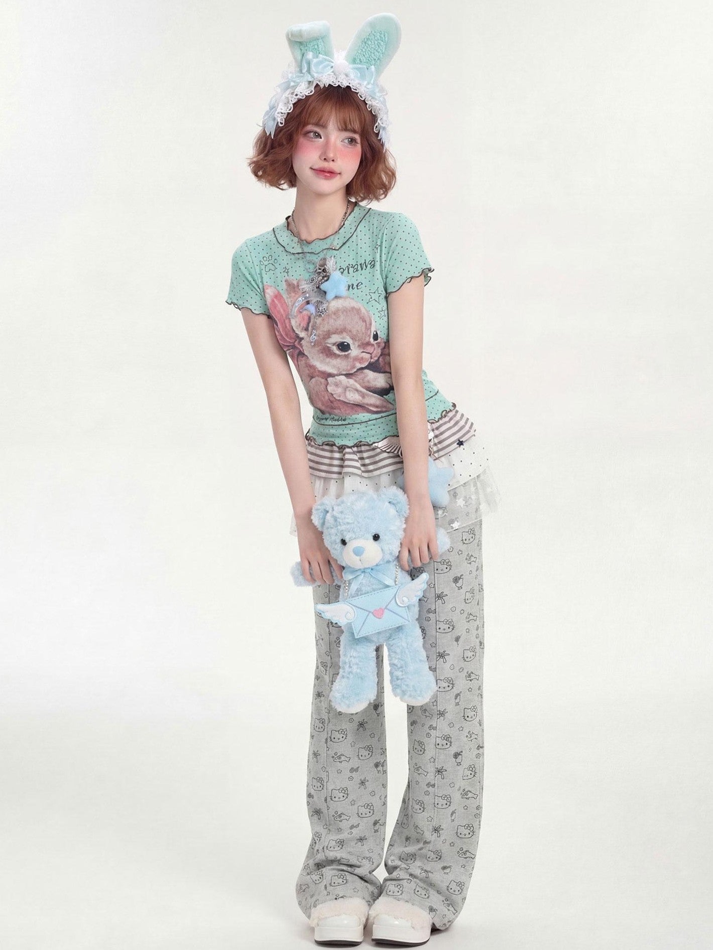 LaceBravo Ruffle Trim Rabbit Polka Dot Crew Neck Cropped Women's Short Sleeve T-shirts