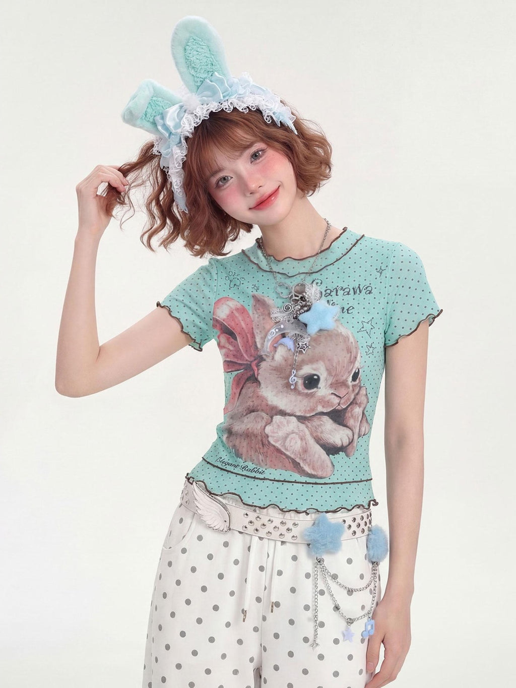 LaceBravo Ruffle Trim Rabbit Polka Dot Crew Neck Cropped Women's Short Sleeve T-shirts