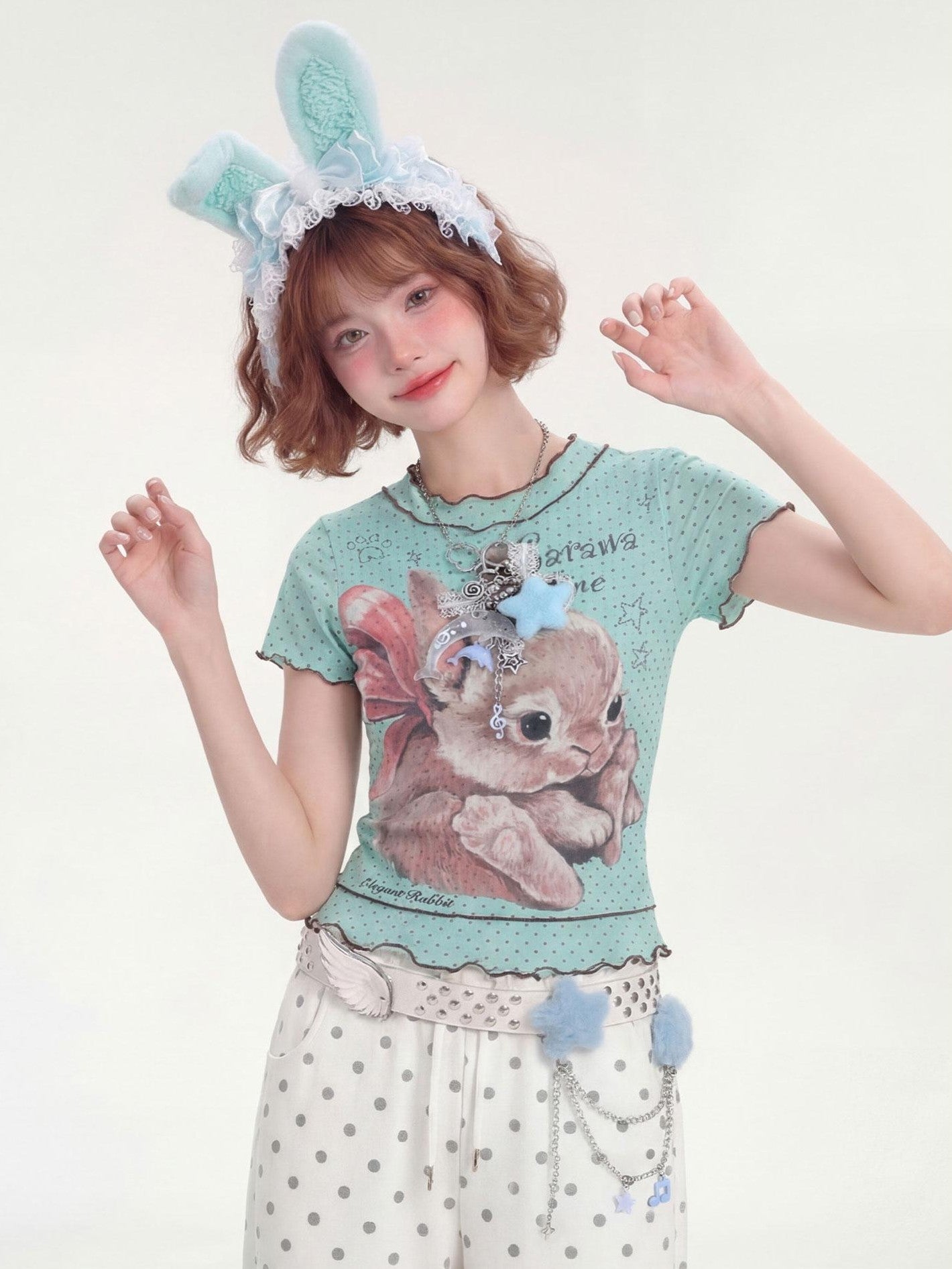 LaceBravo Ruffle Trim Rabbit Polka Dot Crew Neck Cropped Women's Short Sleeve T-shirts