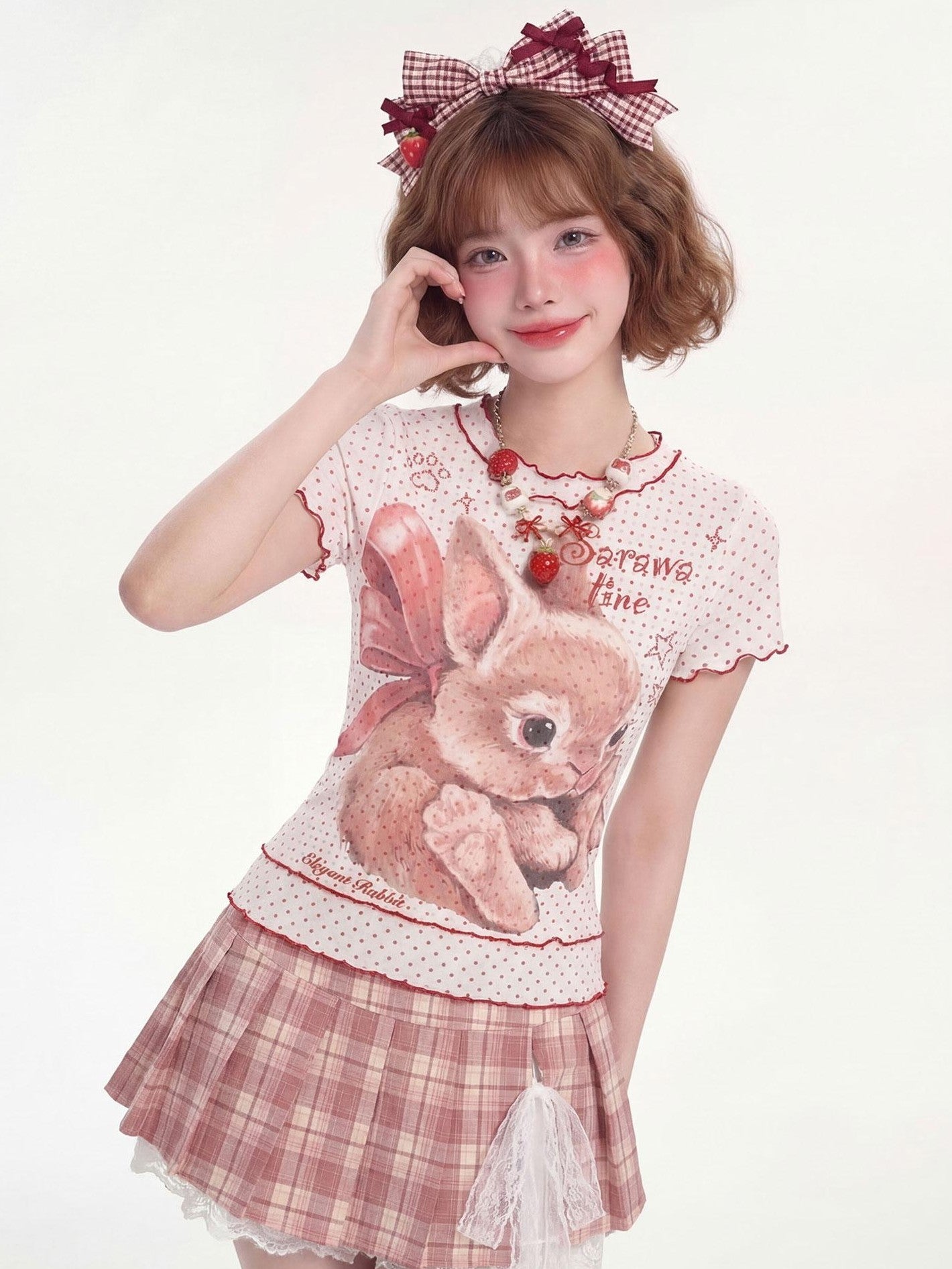 LaceBravo Ruffle Trim Rabbit Polka Dot Crew Neck Cropped Women's Short Sleeve T-shirts