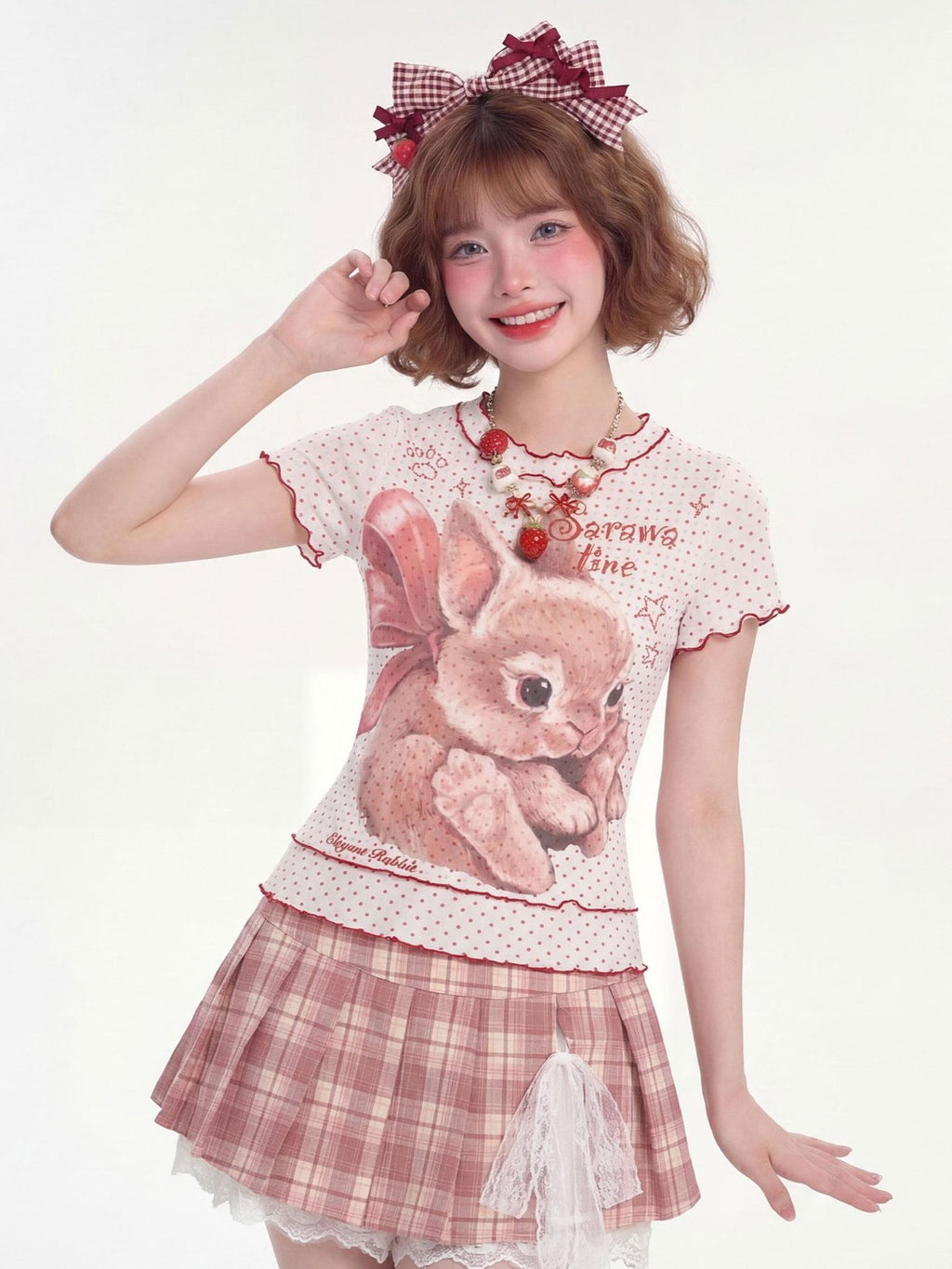 LaceBravo Ruffle Trim Rabbit Polka Dot Crew Neck Cropped Women's Short Sleeve T-shirts