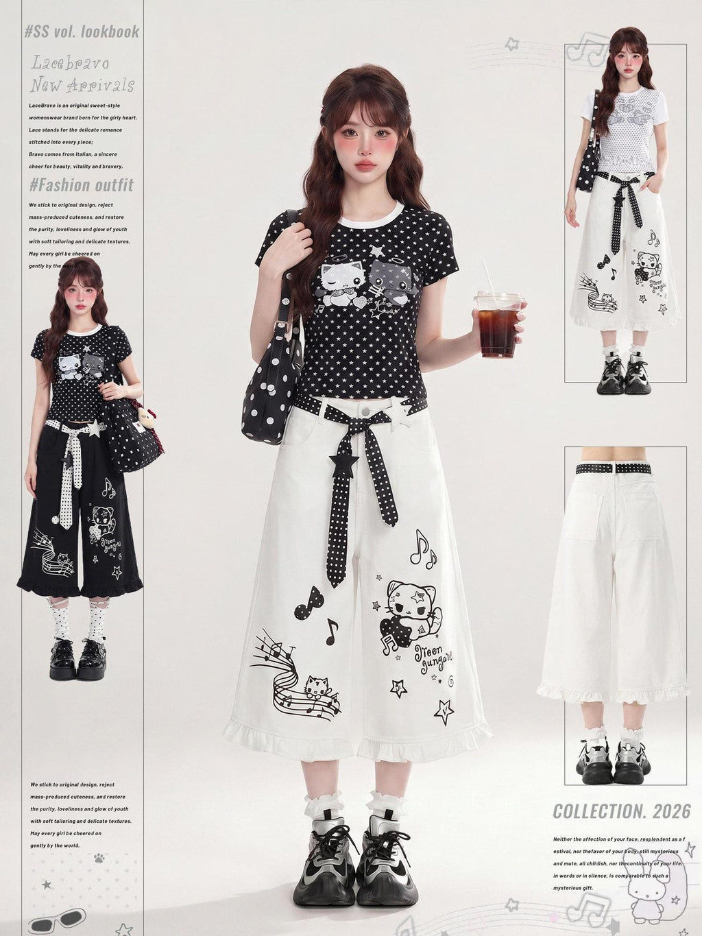 LaceBravo Star And Musical Note Print Wide Leg Ruffle Hem Women's Lace Capri Pants